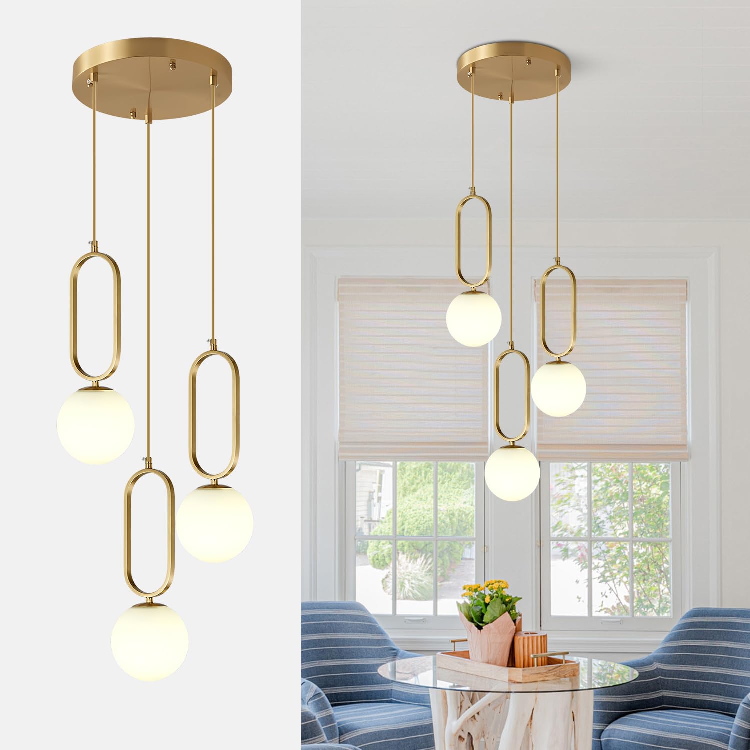 Fulesi 3-Light Globe Glass Pendant Light  Brass Ceiling lamp  Modern Gold Pendant Light  Frosted Milky White Ceiling lamp for Bedroom Living Room Kitchen