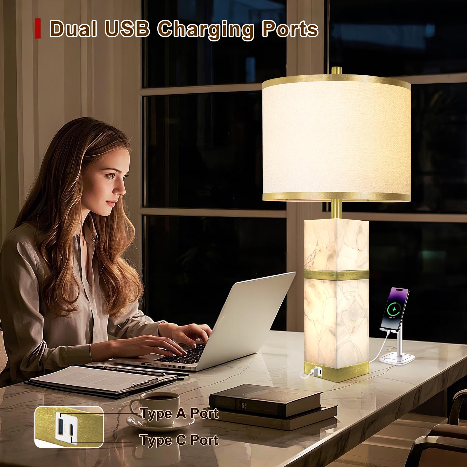 Natural Alabaster Table Lamps Set Of 2 - Table Lamp With Night Light For Bedroom,Nightstand Lamps With Usb Ports,Bedside Lamps W