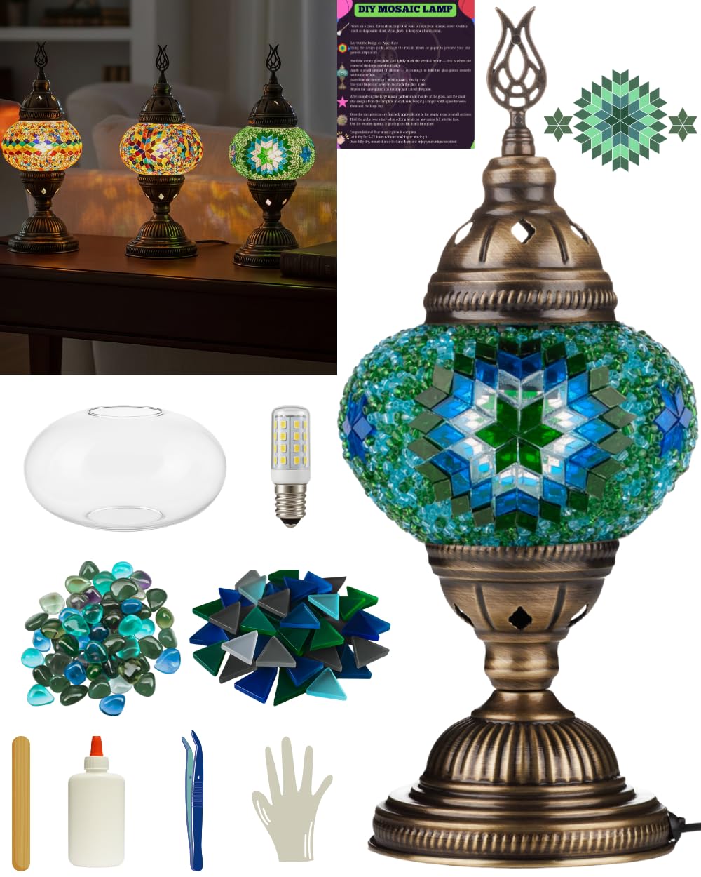 DEMMEX DIY Turkish Moroccan Mosaic Lamp Making Kit - No Grout - Fun, Easy, No Experience Required - Complete Mosaic Art & Craft 
