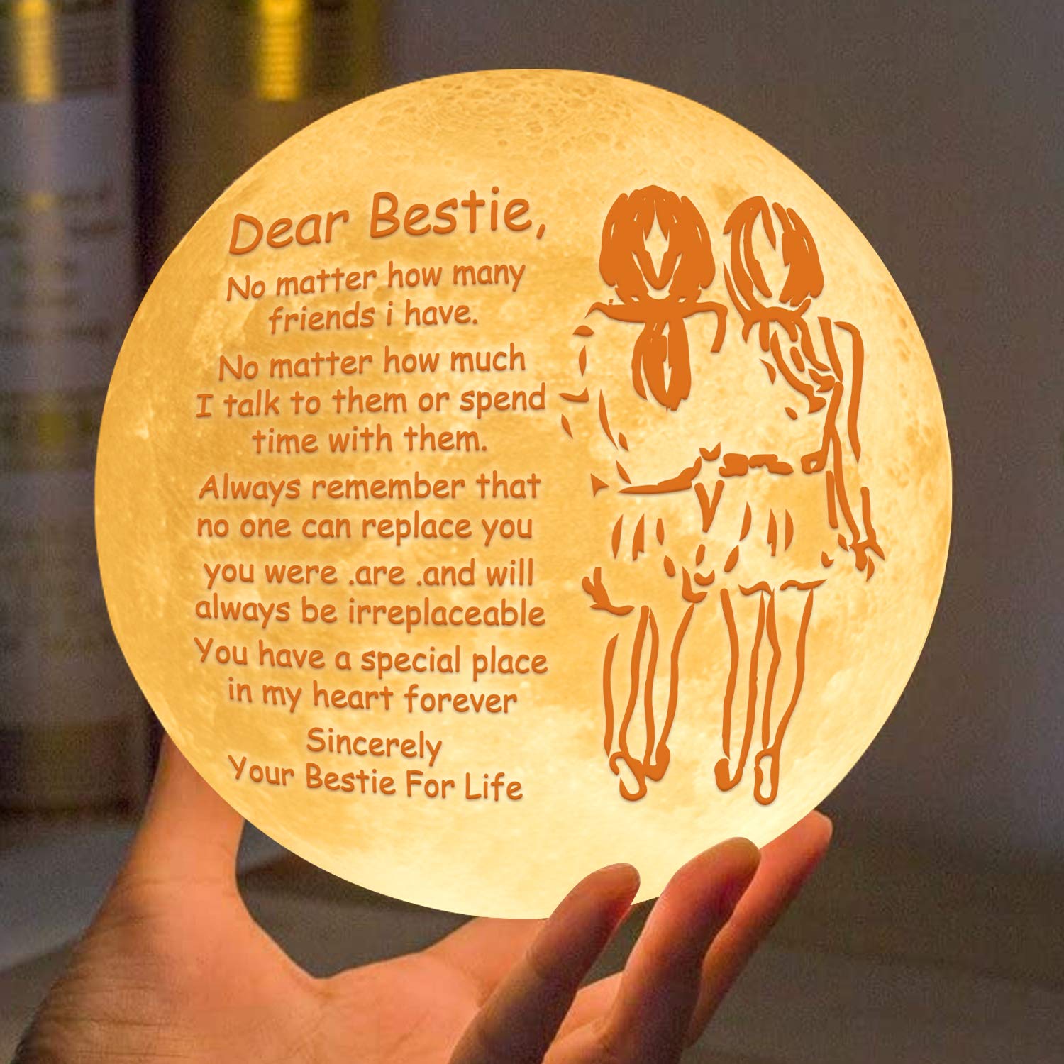 K KENON Personalized 3D Moon Lamp Gift for Bestie, Personalized 5.9 Inch 3D Printing Moon Light Gift, Valentine's Christmas Birthday Gift for Bestie Best Friend Sister