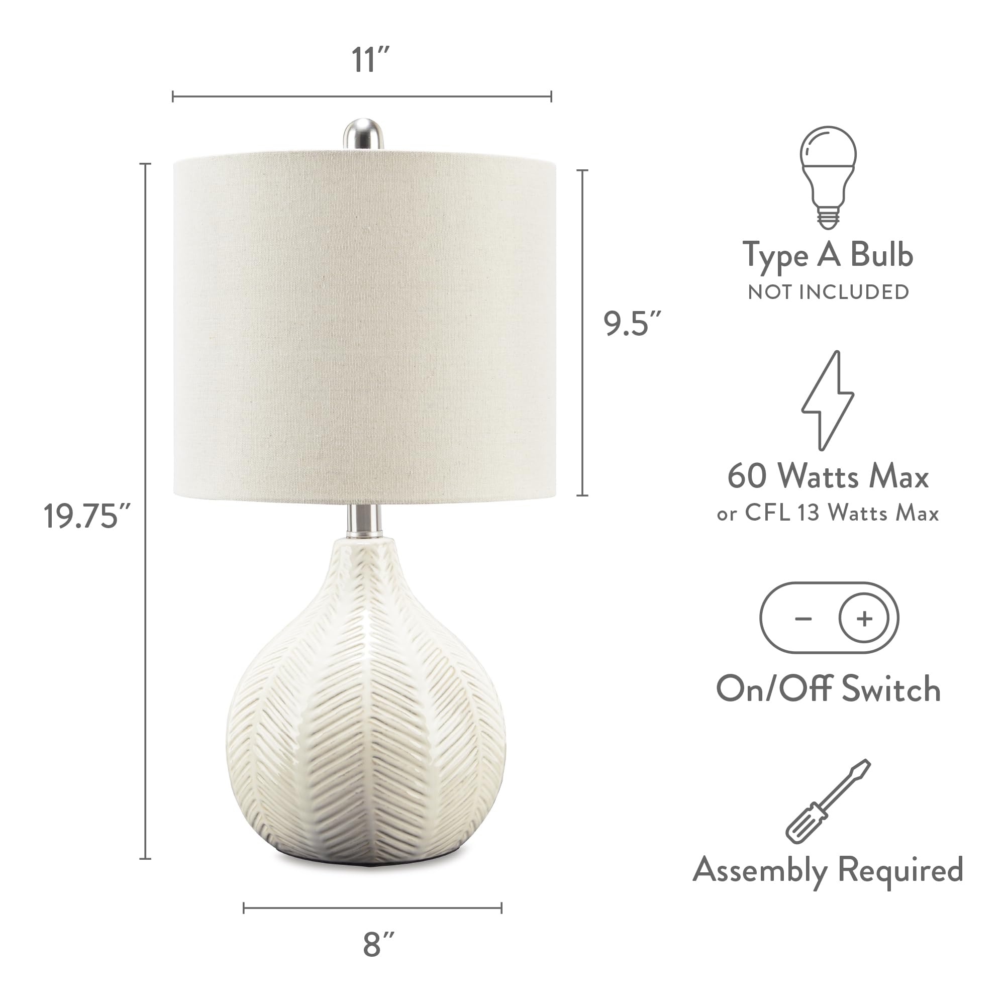 Signature Design by Ashley 20in Herringbone Ceramic Table Lamp, Off White, 11inW x 11inD x 20inH, Model L180024