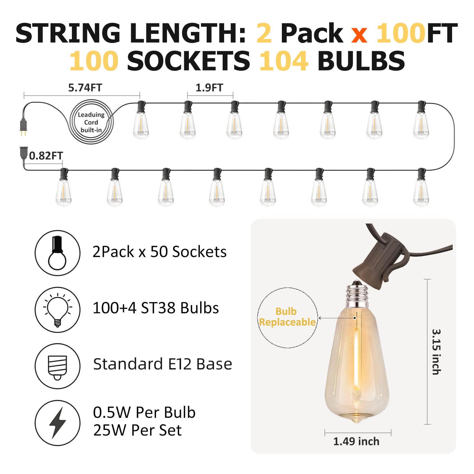 200Ft Outdoor Edison String Lights For Outside Led Waterproof 2200K Patio Lights With 104 St38 Shatterproof Plastic Bulbs Soft W