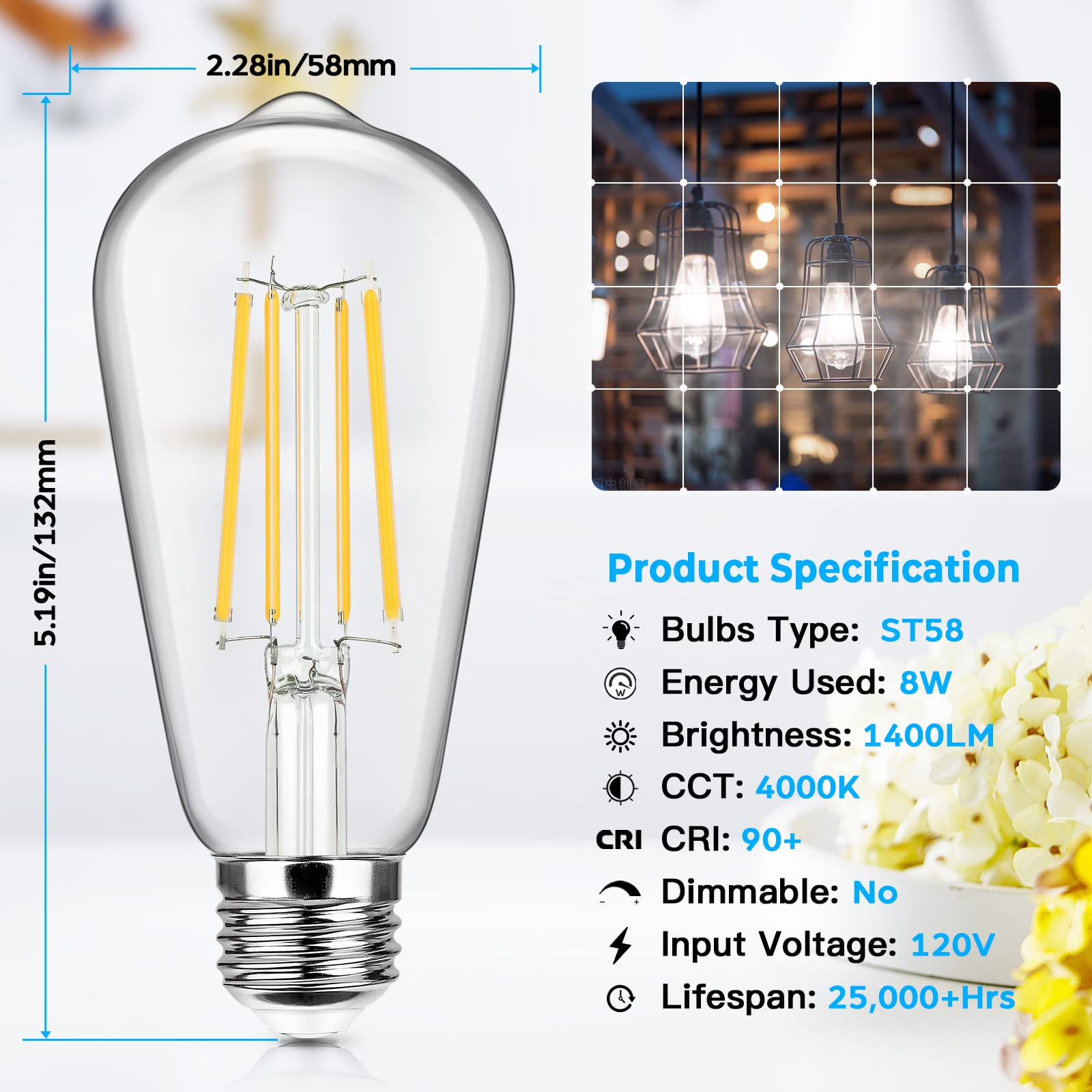 Sucolite 4-Pack E26 Led Edison Bulbs 100W Equivalent 1400Lm 4000K Daylight White Glass