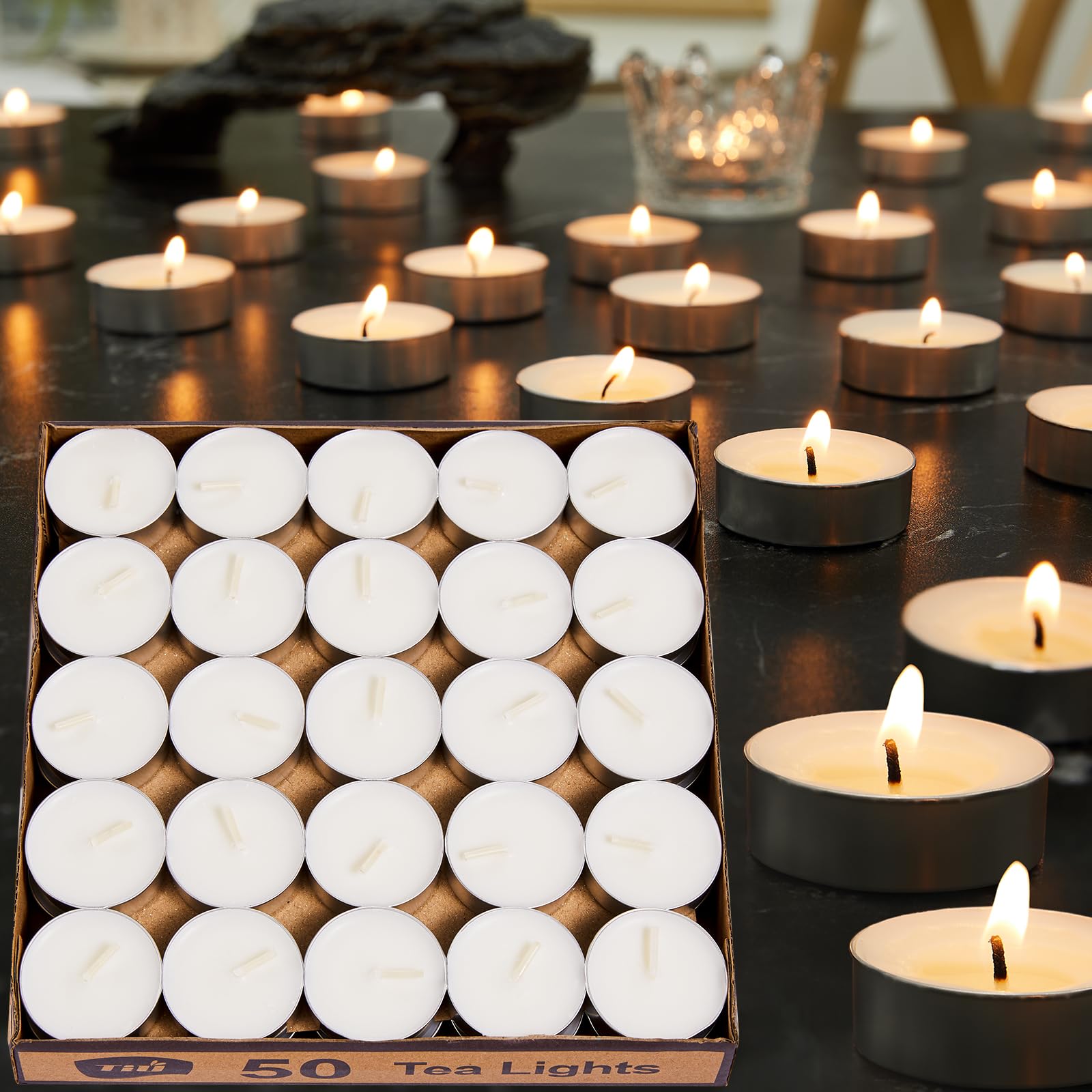 Ashlux Unscented Palm Tea Lights Candles 50 Pack Bulk, 4.5 Hours Long Burning White Tea Lights,Non-Paraffin, Smokeless, Mini Tealight Candles For Wedding, Table Centerpiece, Party, Power Outages