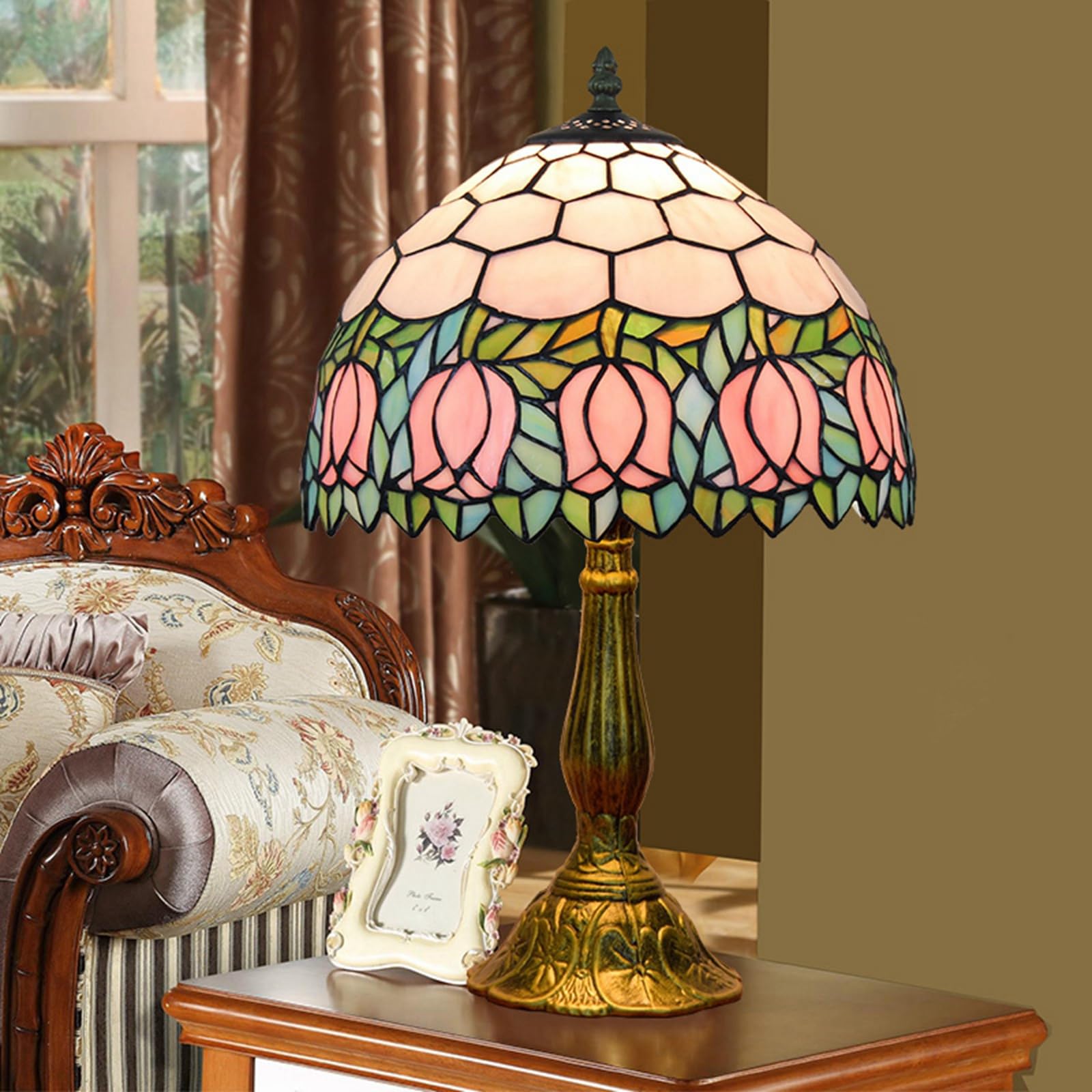 Blivuself Tiffany Lamp Stained Glass Lamp Pink Tulip Bedroom Table Lamp Reading Desk Light For Bedside Living Room Office Dormit