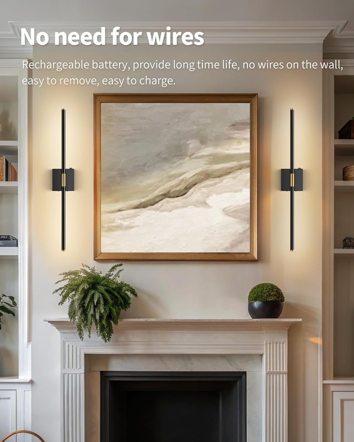 SAIMAND Wall Sconces Set of 2, Battery Operated USB Rechargeable, 8000mAh LED, 360° Rotation, 30in Black, Remote Control for Living Room