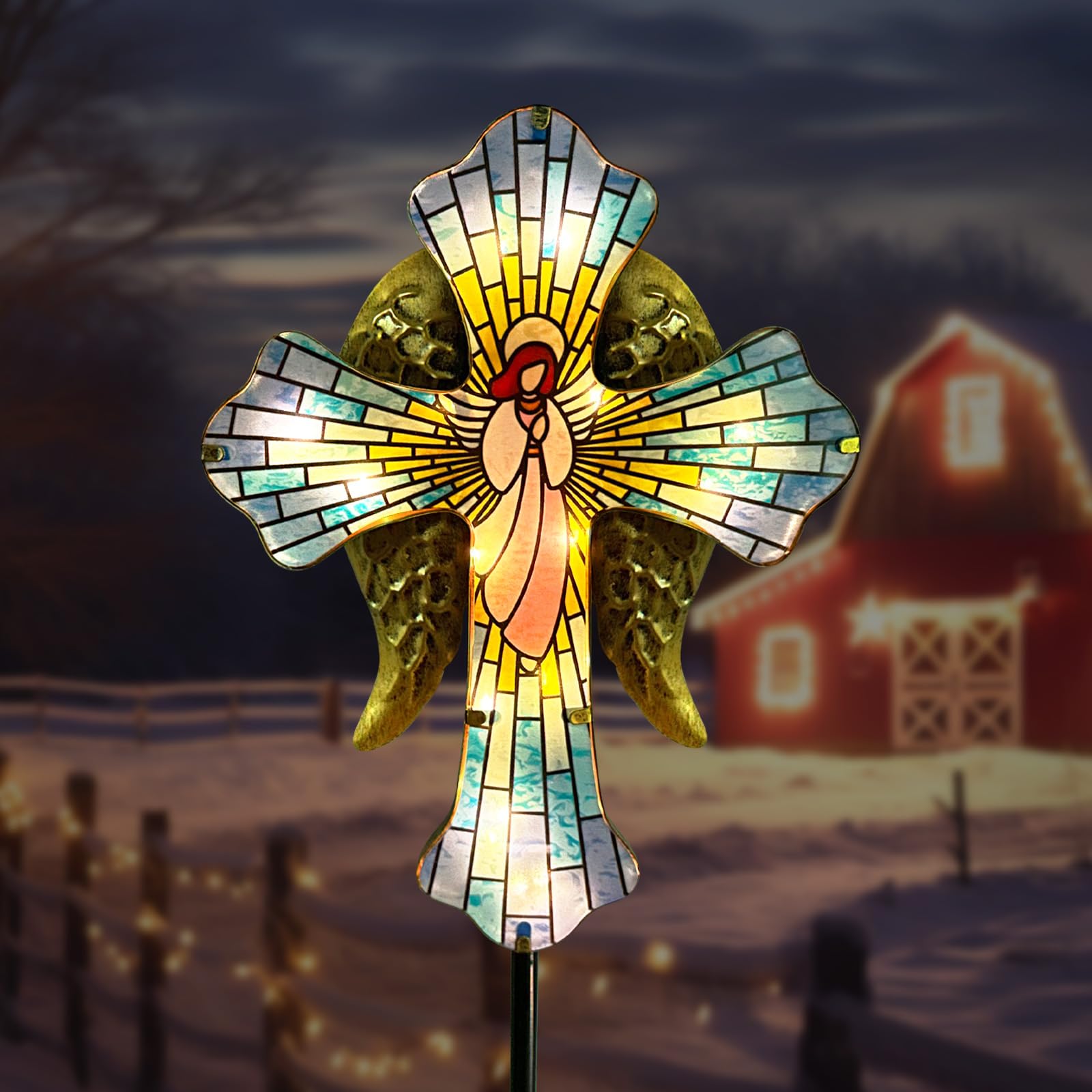 Solar Cross Garden Stake Lights for Outdoor Garden,Cemetery,and Yard Decor,Angel Wings Cross Solar Christmas Lights Outdoor,Memo