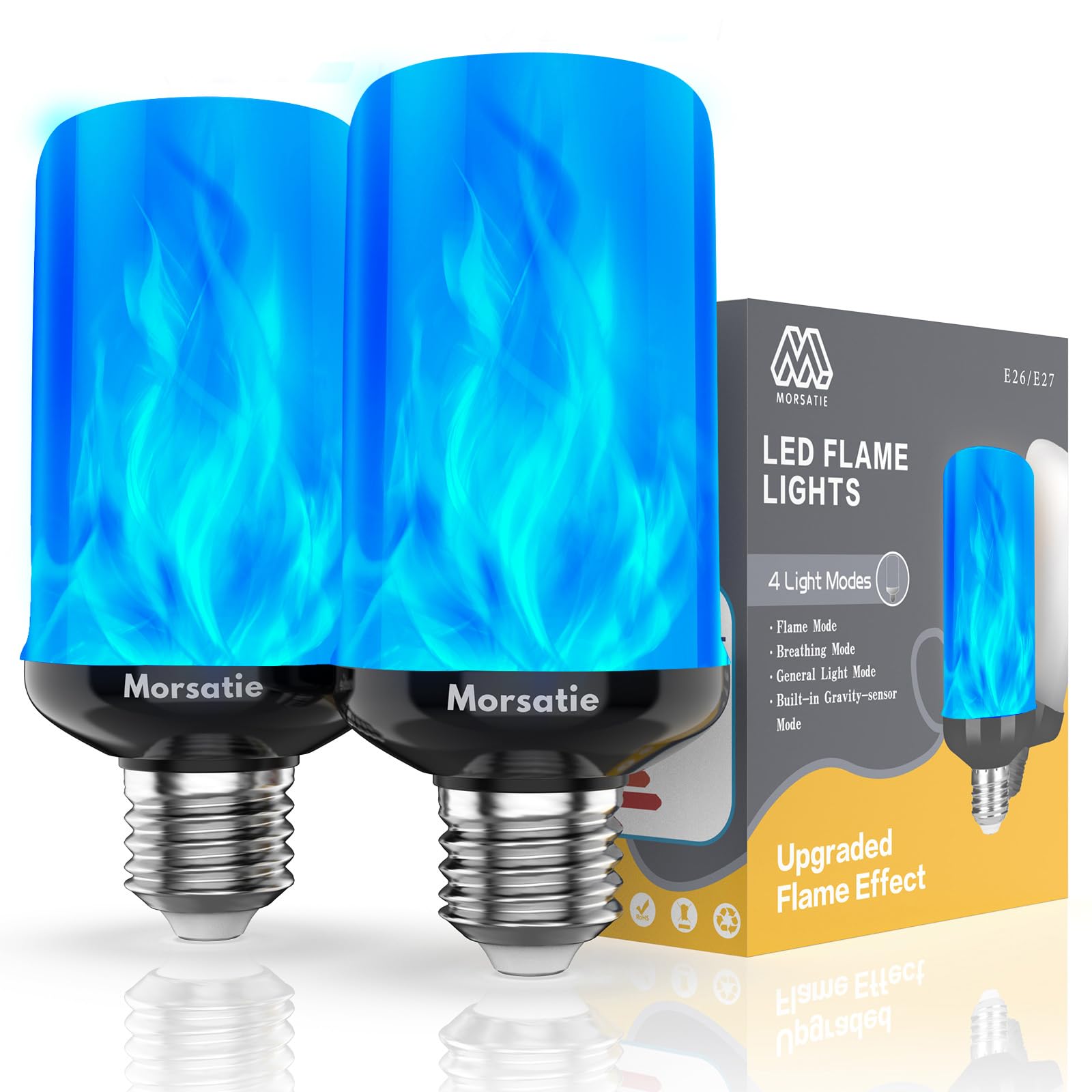 Morsatie LED Flame Light Bulbs, 4 Modes, E26, Eco-friendly, Blue, Model MSFLBB2-BLUE