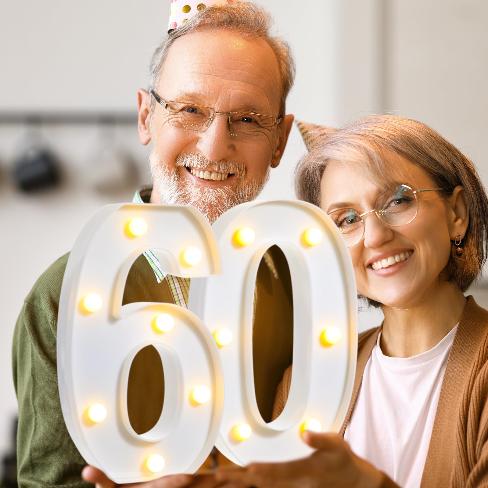 Treela LED Decorative Number Sign, Glitter Marquee for Birthdays, 60th Size, White, Model JR-Treela-4354