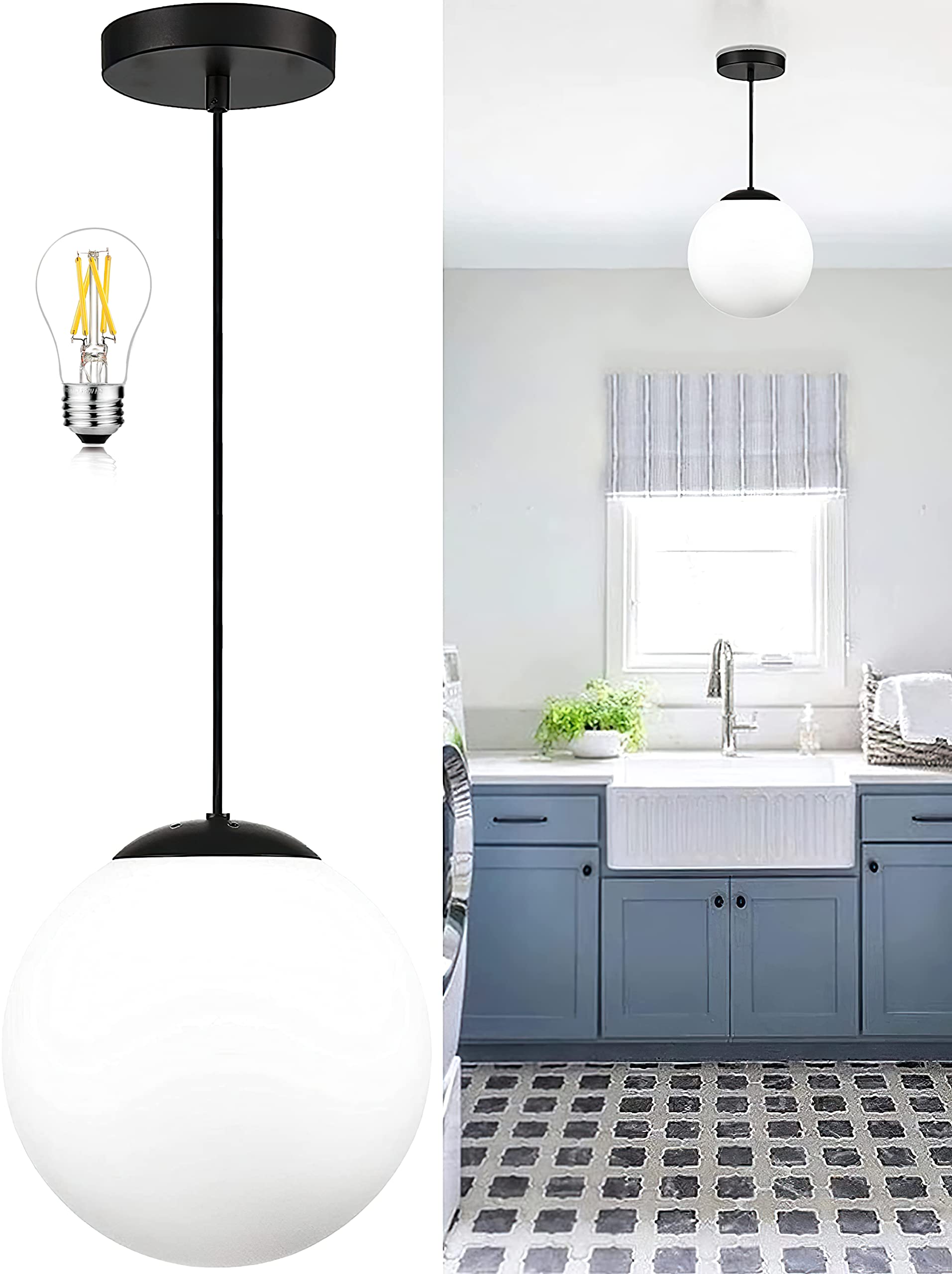 Koko&Yukina Mid Century Modern Globe Pendant Light, Opal & Black, 8&quot; Ceiling Fixture