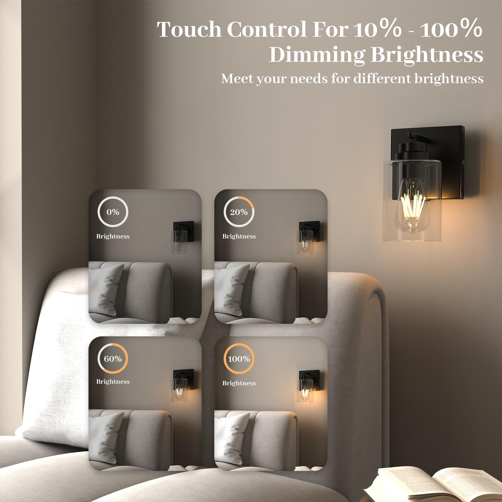 ThyFenno Dimmable Battery Operated Wall Sconce Set of Two, Touch Control, Black, Glass, Model TF-1T T2L