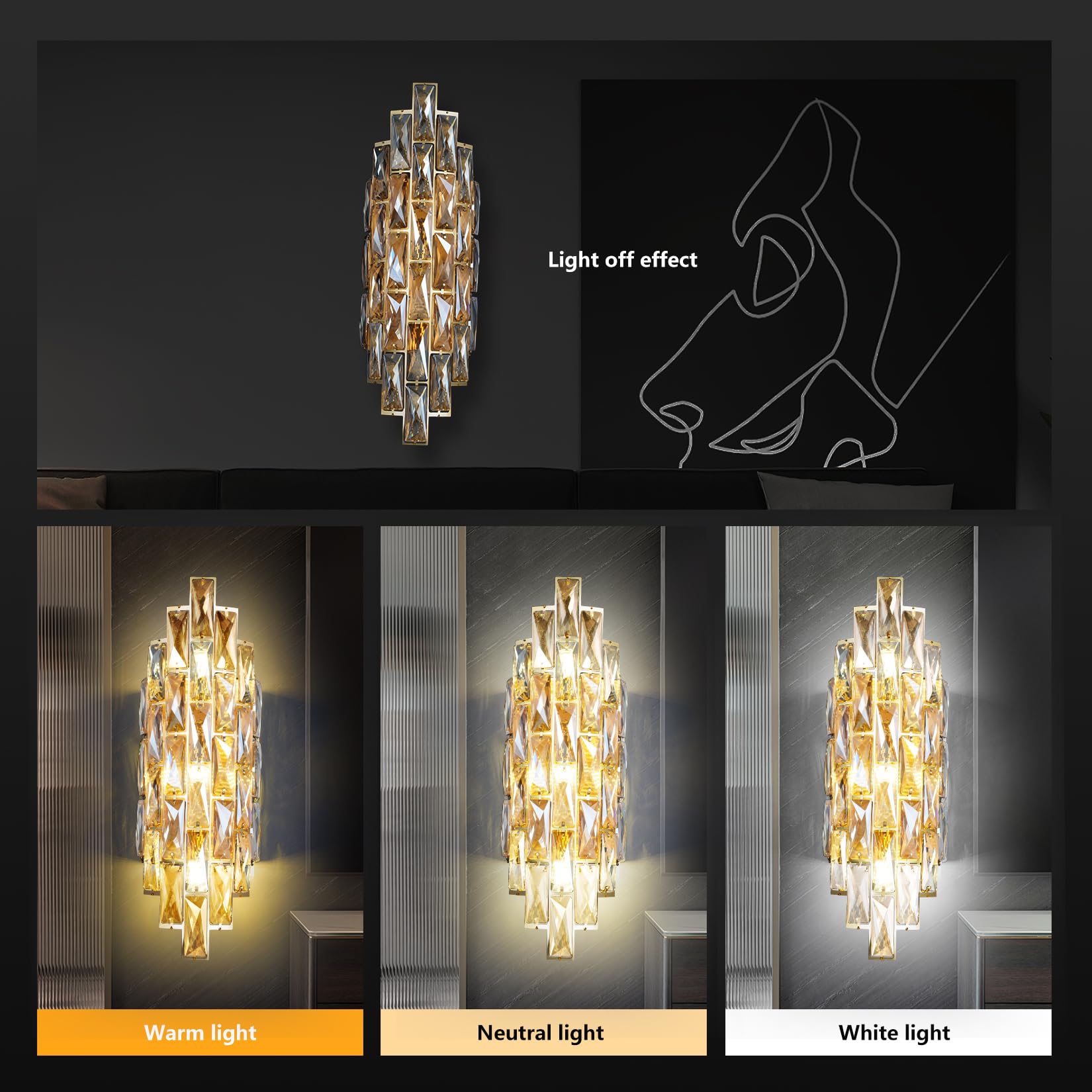 Kaiyuan Modern Crystal Wall Sconces - Gold Indoor Light Fixtures for Living Room, Bedroom, Bathroom, Hallway