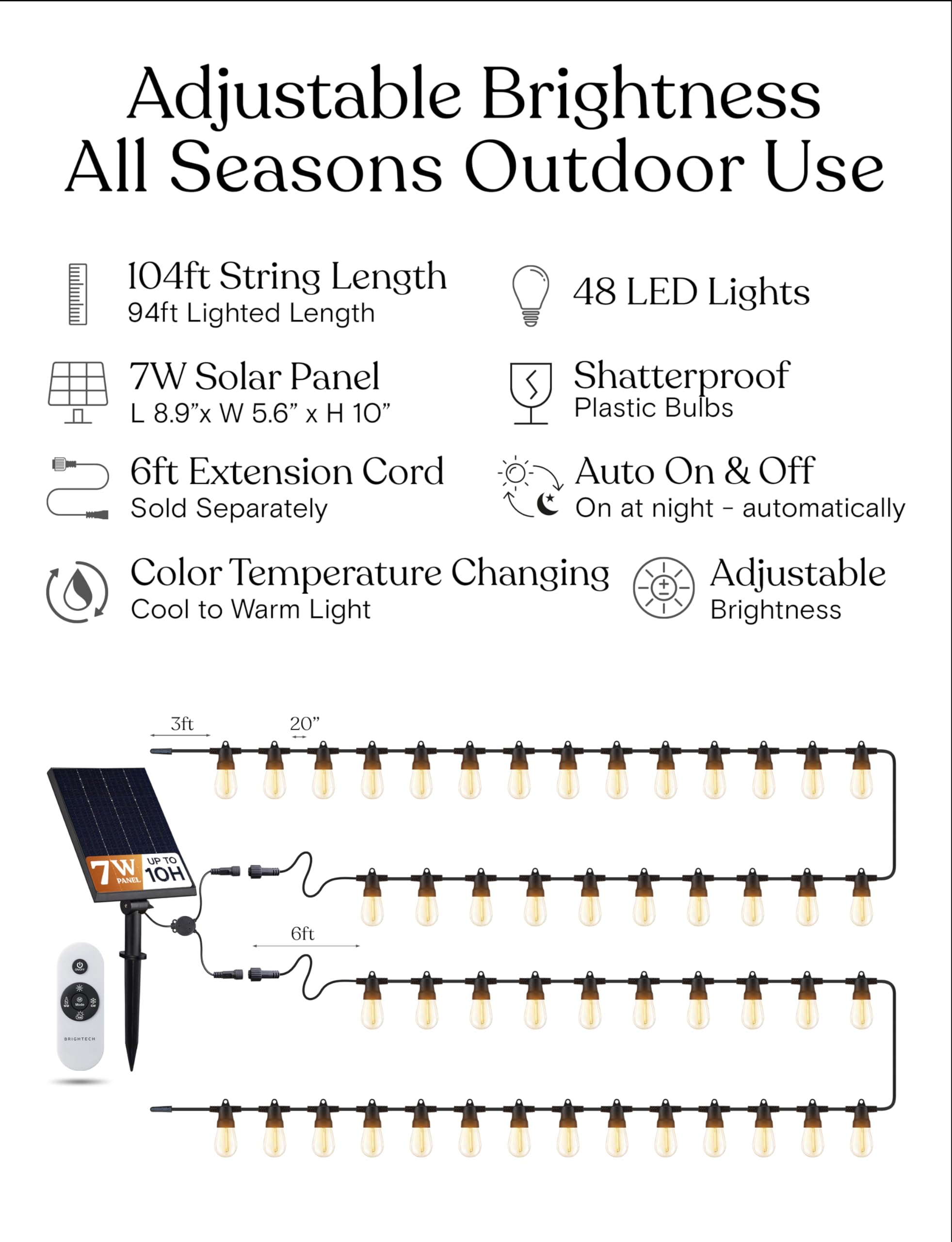 Brightech Ambience Pro Solar LED String Lights - 104ft, Waterproof, 48 Bulbs, Color Changing White, Remote Control, Model: SLR7W-104NH-48B