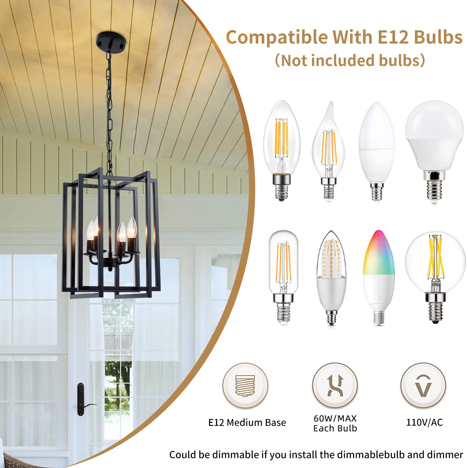 Ejerlya Farmhouse Lantern Chandelier, 4-Light Metal Pendant Light, Adjustable Height, Black Square Cage for Kitchen, Living Room, Hallway