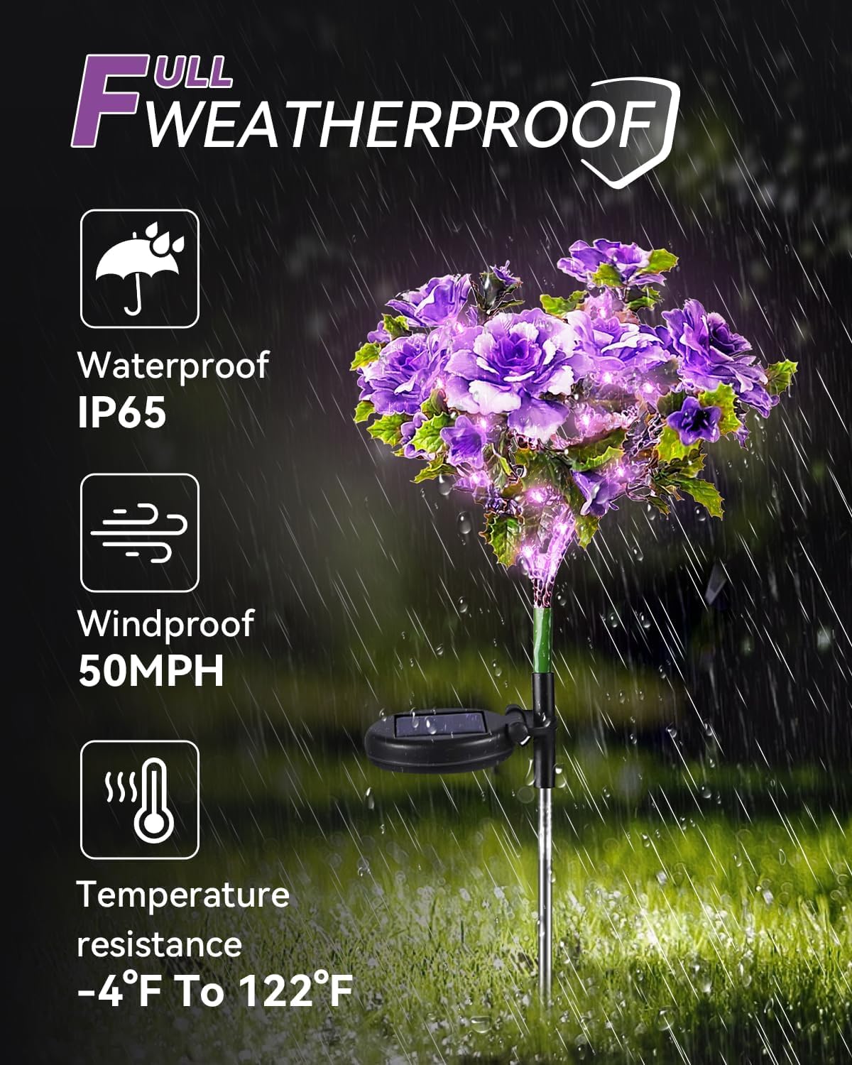Neporal Solar Flowers Outdoor Waterproof Ip65, 7-Stems Purple Carnation Solar Lights Outdoor Garden Decorative, Bigger Panel For