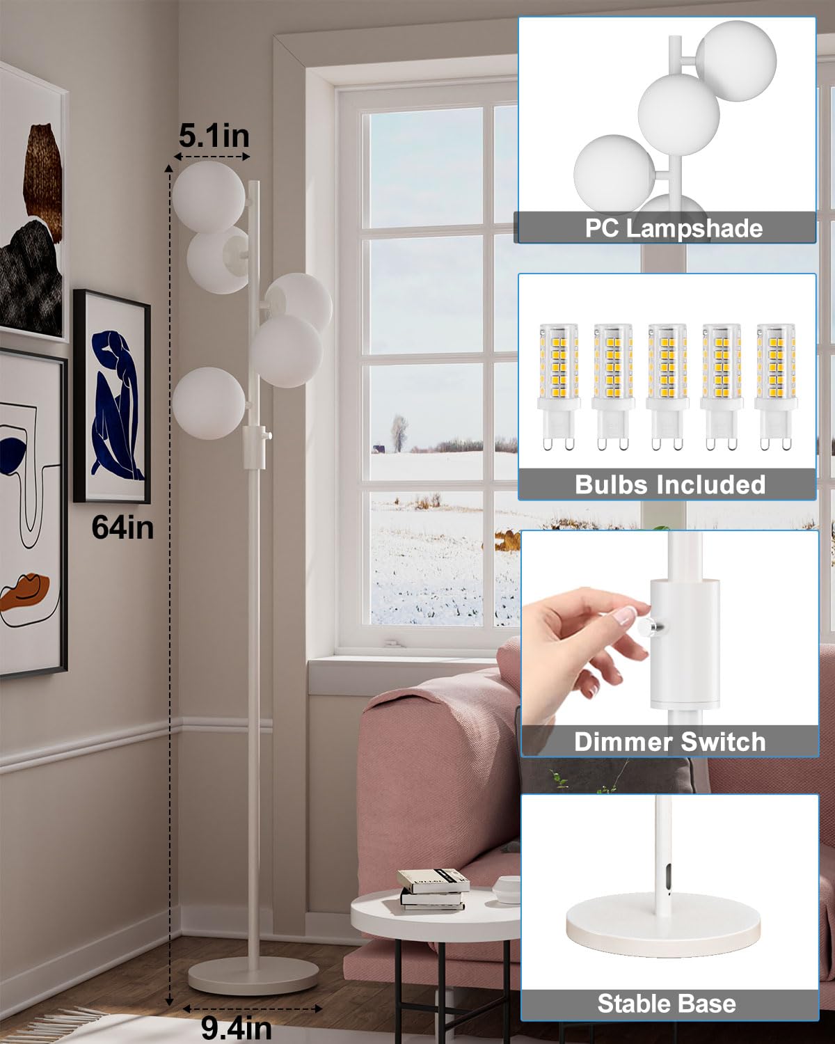 Acohook 64In Dimmable White Floor Lamp, Tall Standing Lamps With 5 Globe Soft Warm White Eye Care 3000K G9 Bulbs, Mid Century Mo