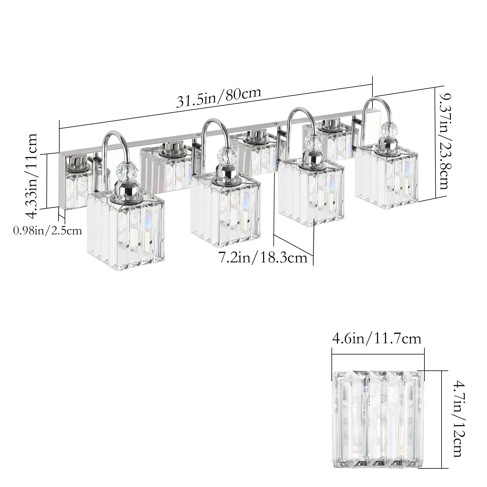 Ralbay Chrome Crystal Vanity Light 4-Lights 31.5'' Stainless Steel Modern Bathroom Lighting Over Mirror