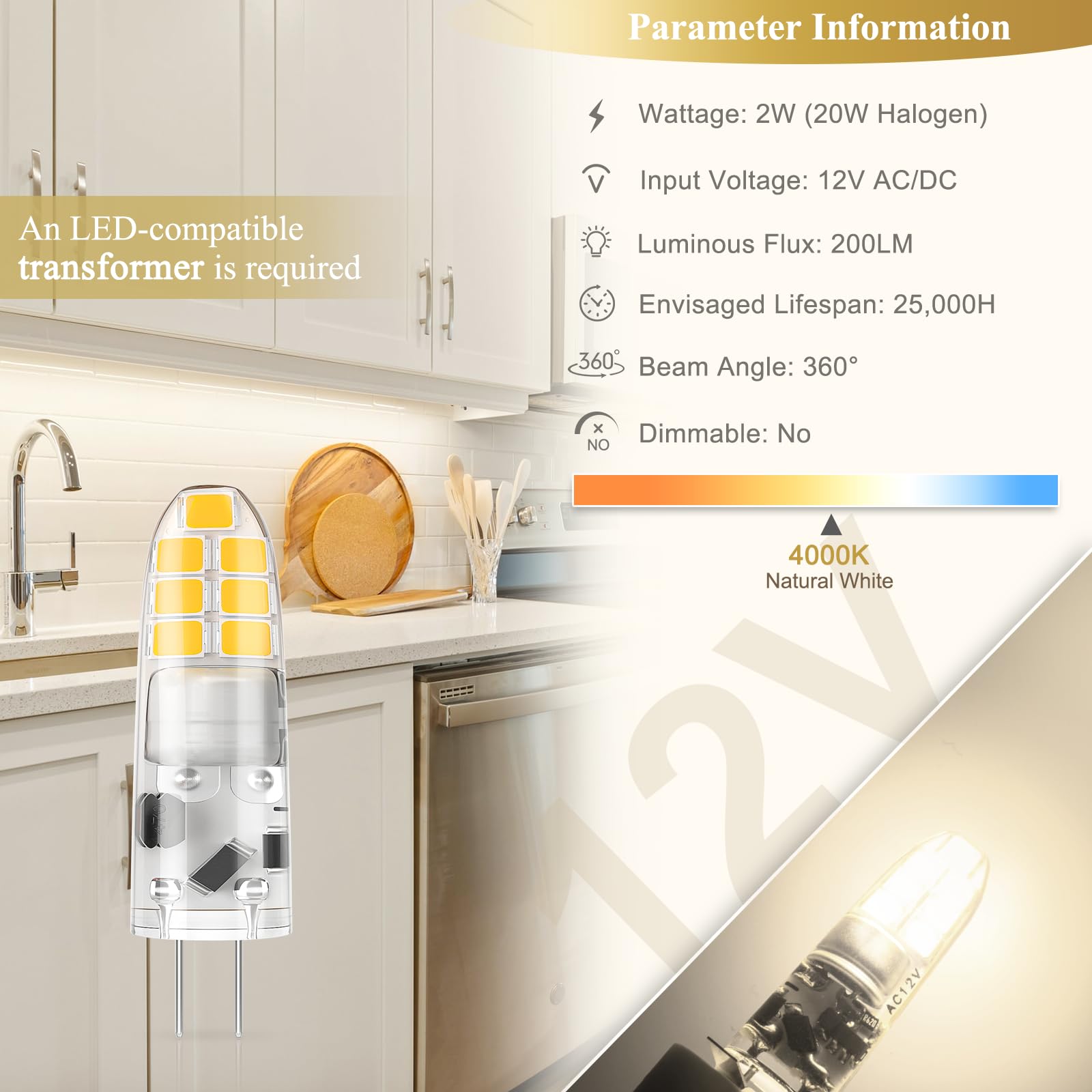 Dicuno G4 Led Bulb 12V, Jc Bi-Pin Base Light Bulbs 2W, Natural White 4000K, T3 Halogen Replacement 20W Led For Landscape Light,