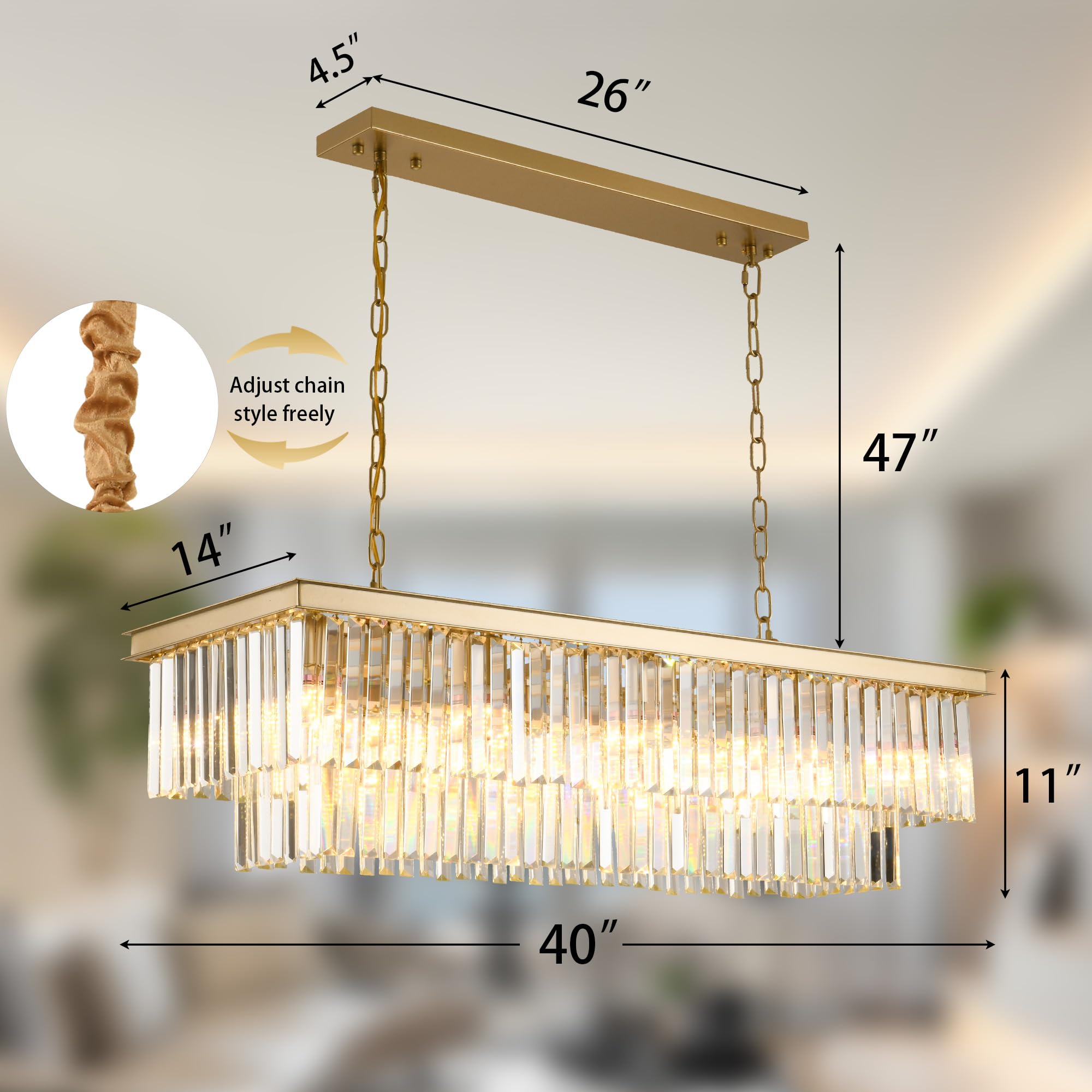 Gold Rectangular Chandelier 40 Inch-10-Light stylish Crystal Pendant Lighting For Dining Room  Kitchen Island & Bar-Adjustable Height  Flush Mount Ceiling Fixture enhanced Lighting Fixture(Gold  L-40)