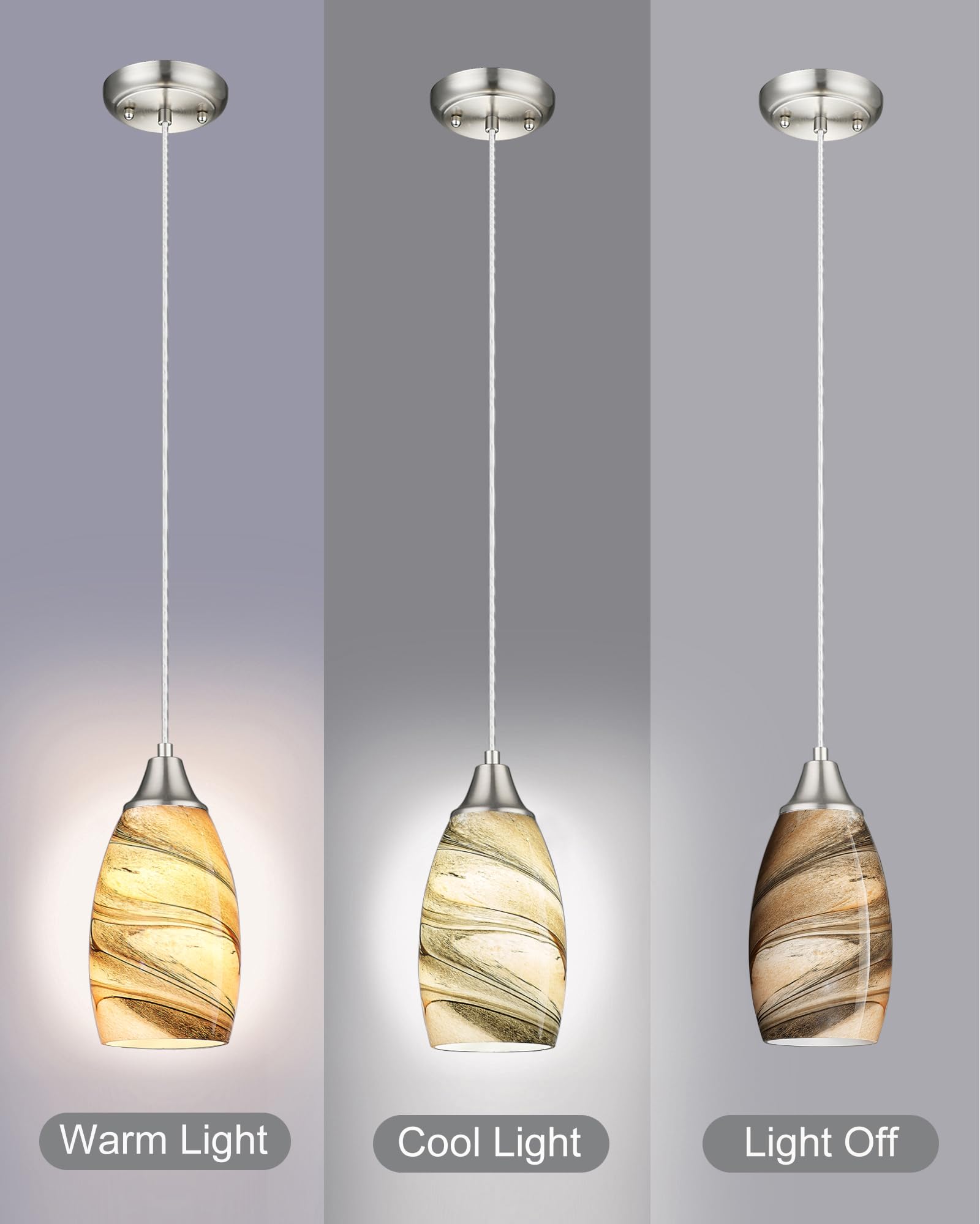 Karyfine Mini Pendant Lights Kitchen Island Light Brown Glass Lamp Shade Hand Blown Glass Pendant Light With Brush Nickel Finish