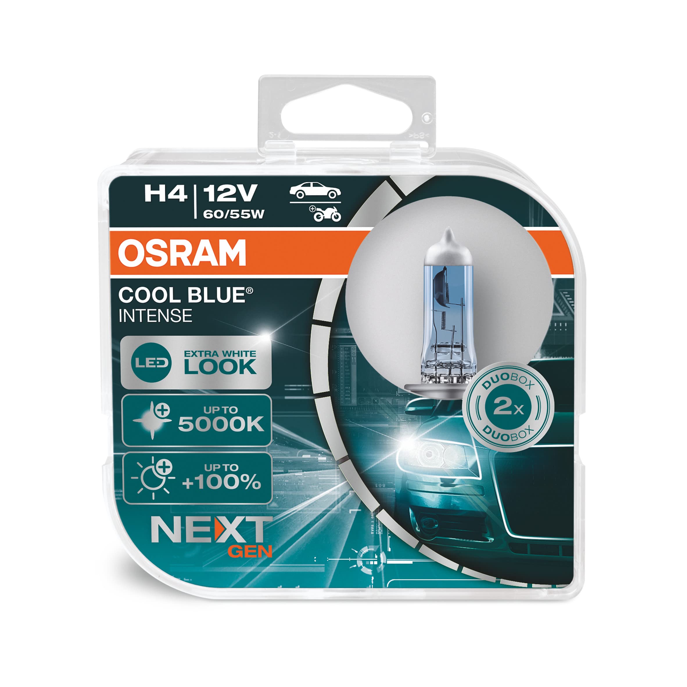 OSRAM COOL BLUE INTENSE H4, 100% more brightness, up to 5,000K, halogen headlight lamp, LED look, duo box (2 lamps) 64193CBN-HCB