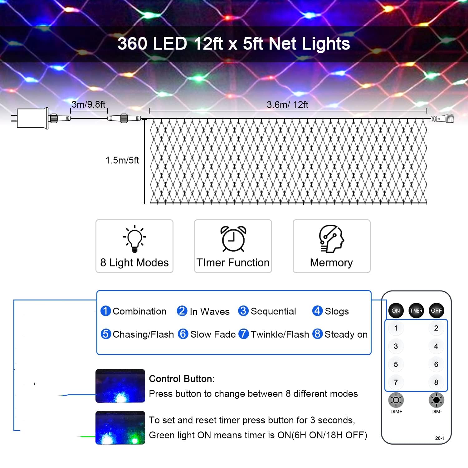 JMEXSUSS 360 LED Christmas Net Lights, 12ft x 5ft, Multicolor, Outdoor Plug-in, Connectable for Bushes and Tree Decoration