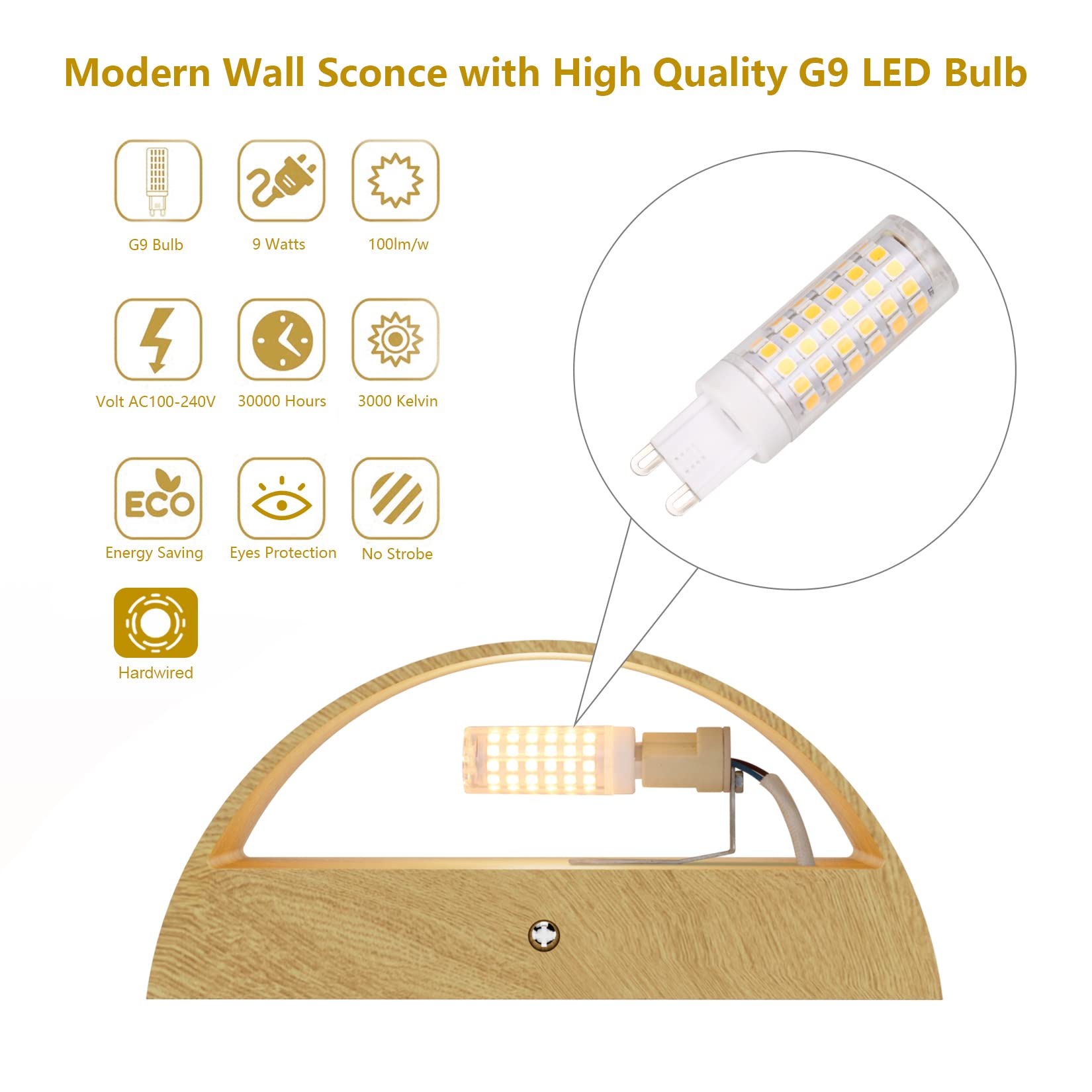 Aipsun LED Wall Sconce Set of 2, Modern Aluminum Up & Down Lights, Warm White 3000K, Wood Texture, Model 9206