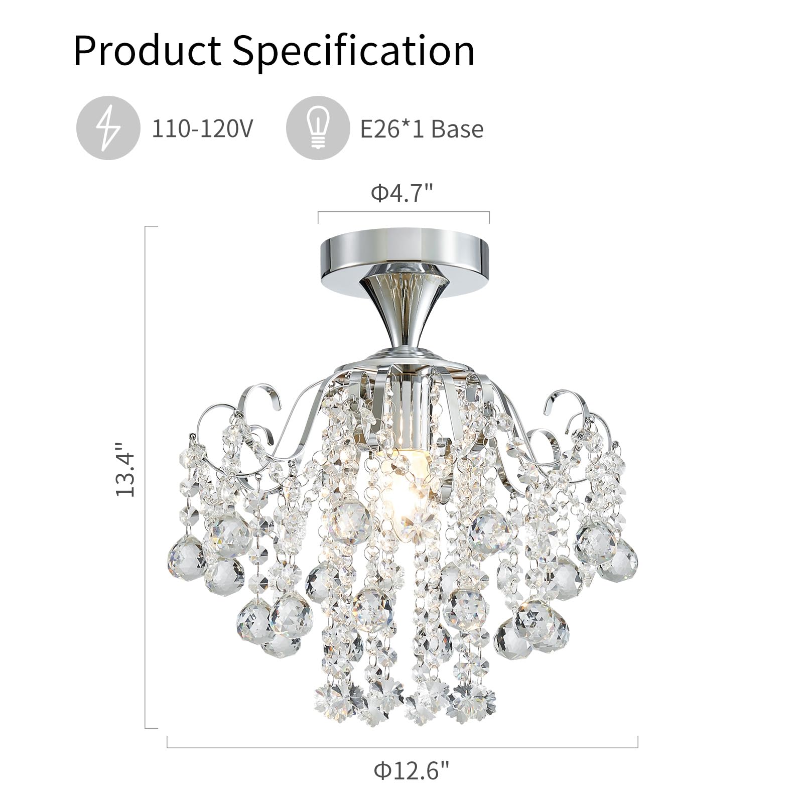 WUZUPS Crystal Chandelier Flushmount Ceiling Light, Modern Chrome Fixture, 13.4"H x 12.6"W, E26 Base, Ideal for Bedroom, Hallway, Kitchen