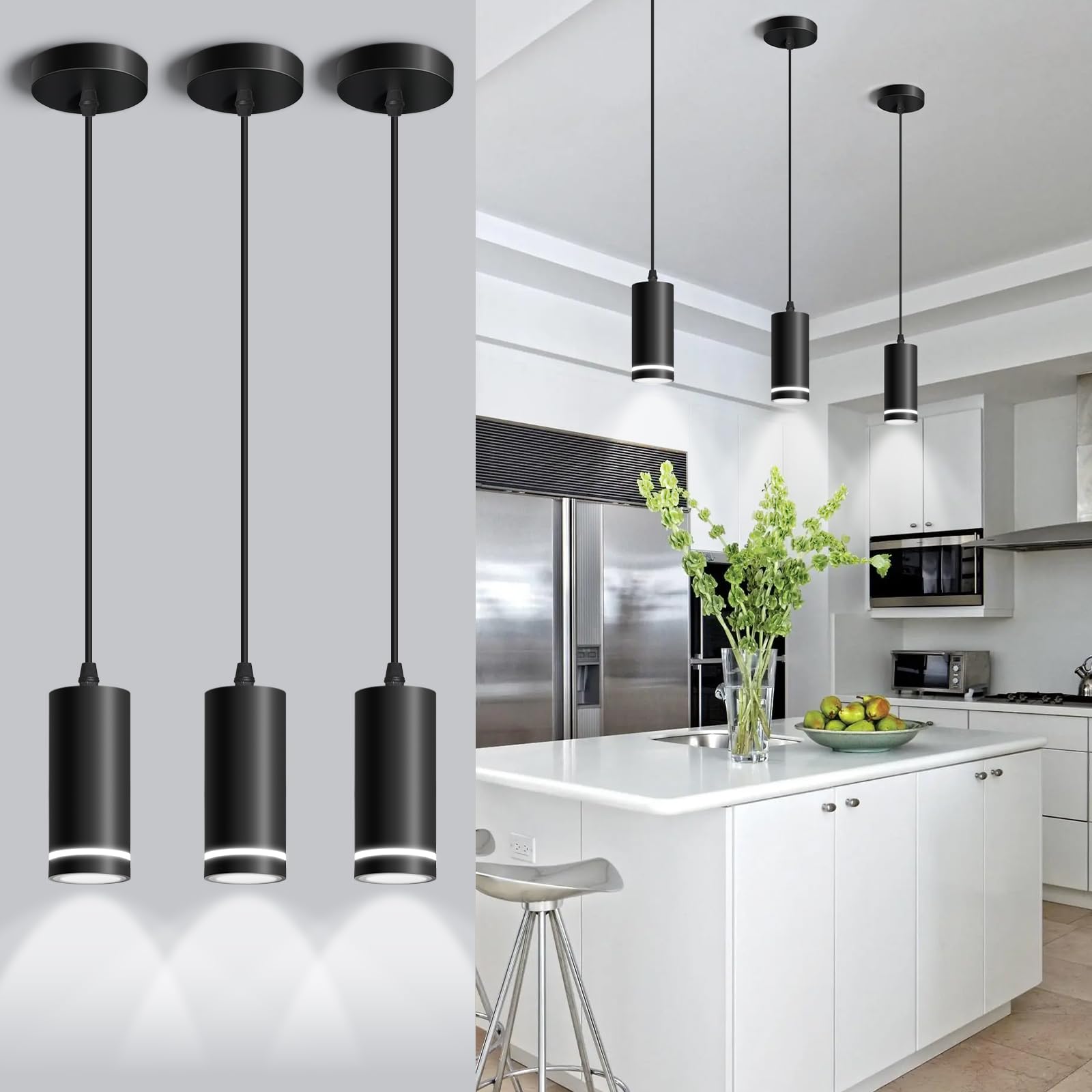 OKELI Mini Pendant Light  Black Modern Pendant Light Fixtures  LED Pendant Lighting for Kitchen Island  COB Lamp Bead  ETL 12W(3 Pack)