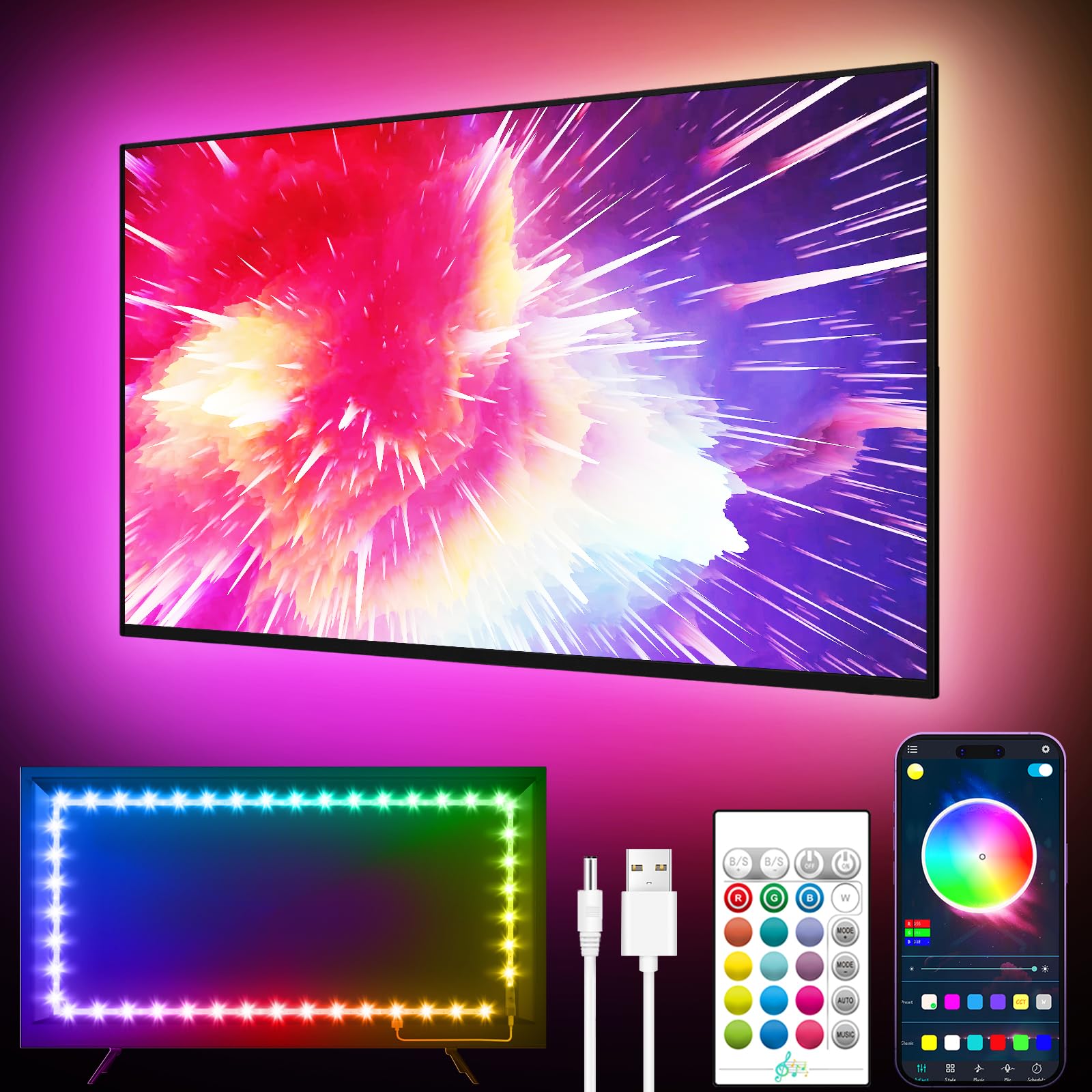 GIPOYENT LED TV Backlight, 18FT RGB Color Changing Light Strip for 40-75 Inch TVs, Bluetooth Function, Plastic, Model G-104
