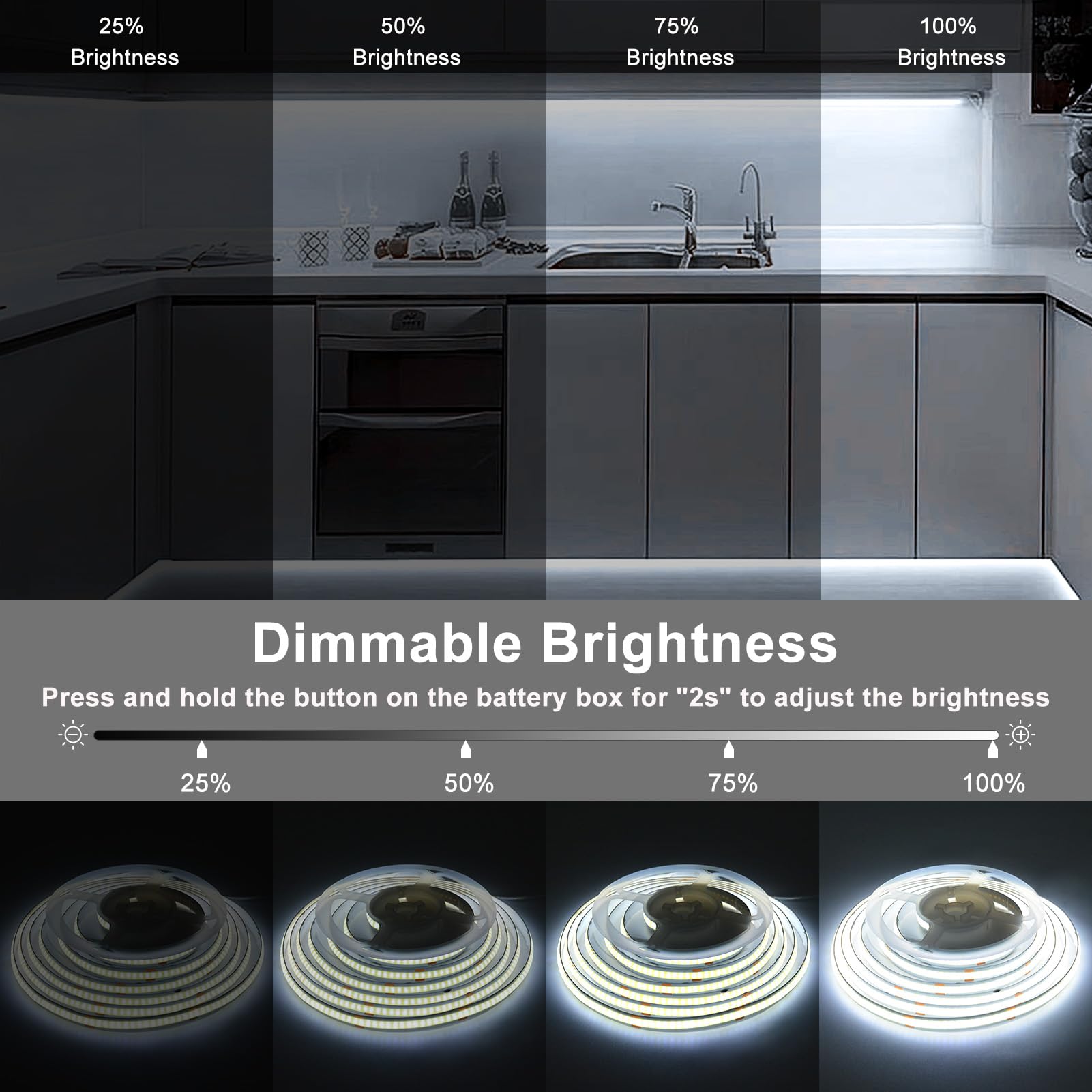 Lumbelle Cob Led Light Strip Battery Operated, 6.6Ft 640 Led Dimmable Strip Lights Cuttable Flexible Led Strip For Tv, Cabinet Bedroom Kitchen Home Decoration Diy Lighting 6000K Cool White