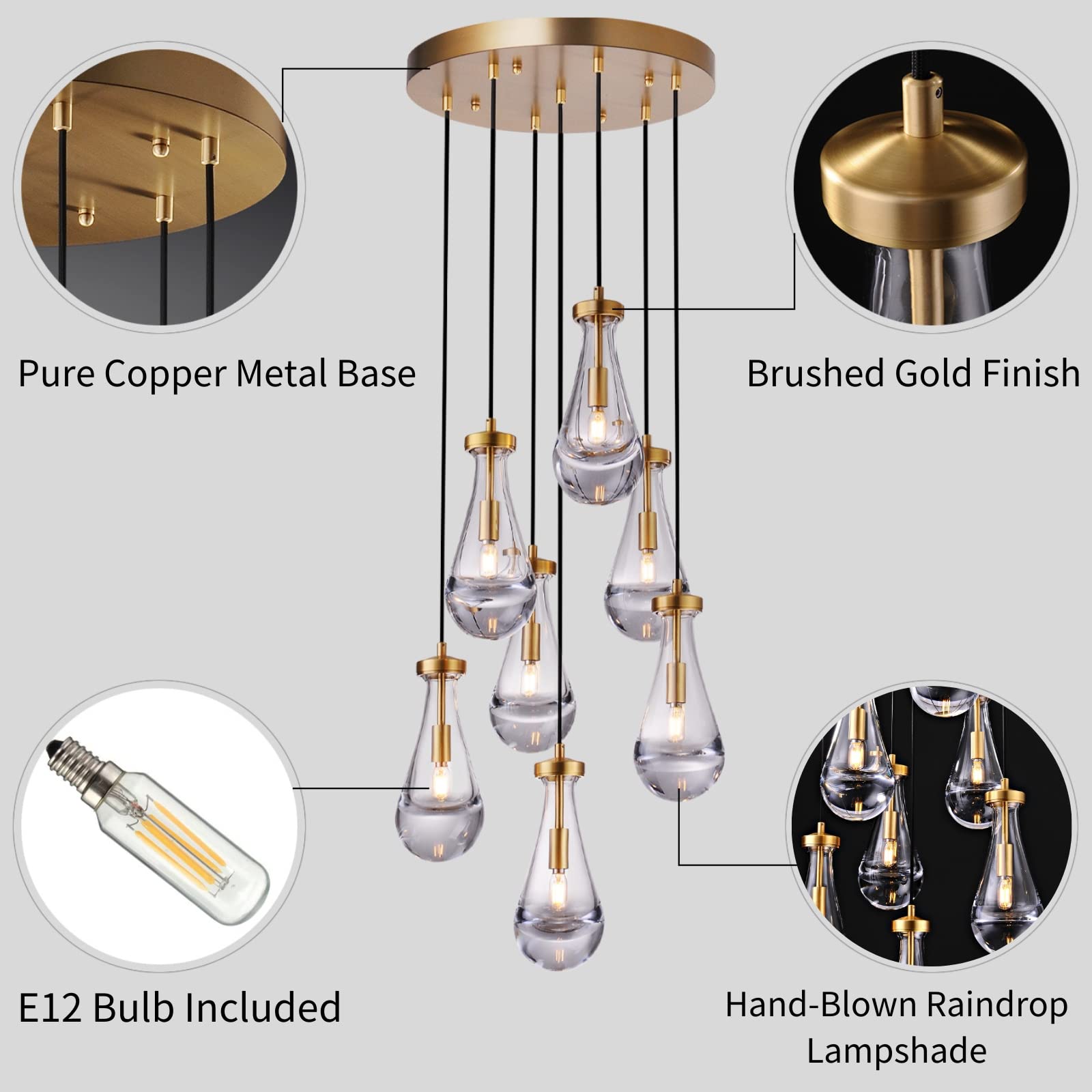 Joyunleo 7 Light Raindrop Chandeliers  Brass Teardrop Cluster Pendant Lights Kitchen Island  Gold Dining Room Chandeliers Over Table Hanging Pendant Lighting For High Ceiling  Entryway Staircase