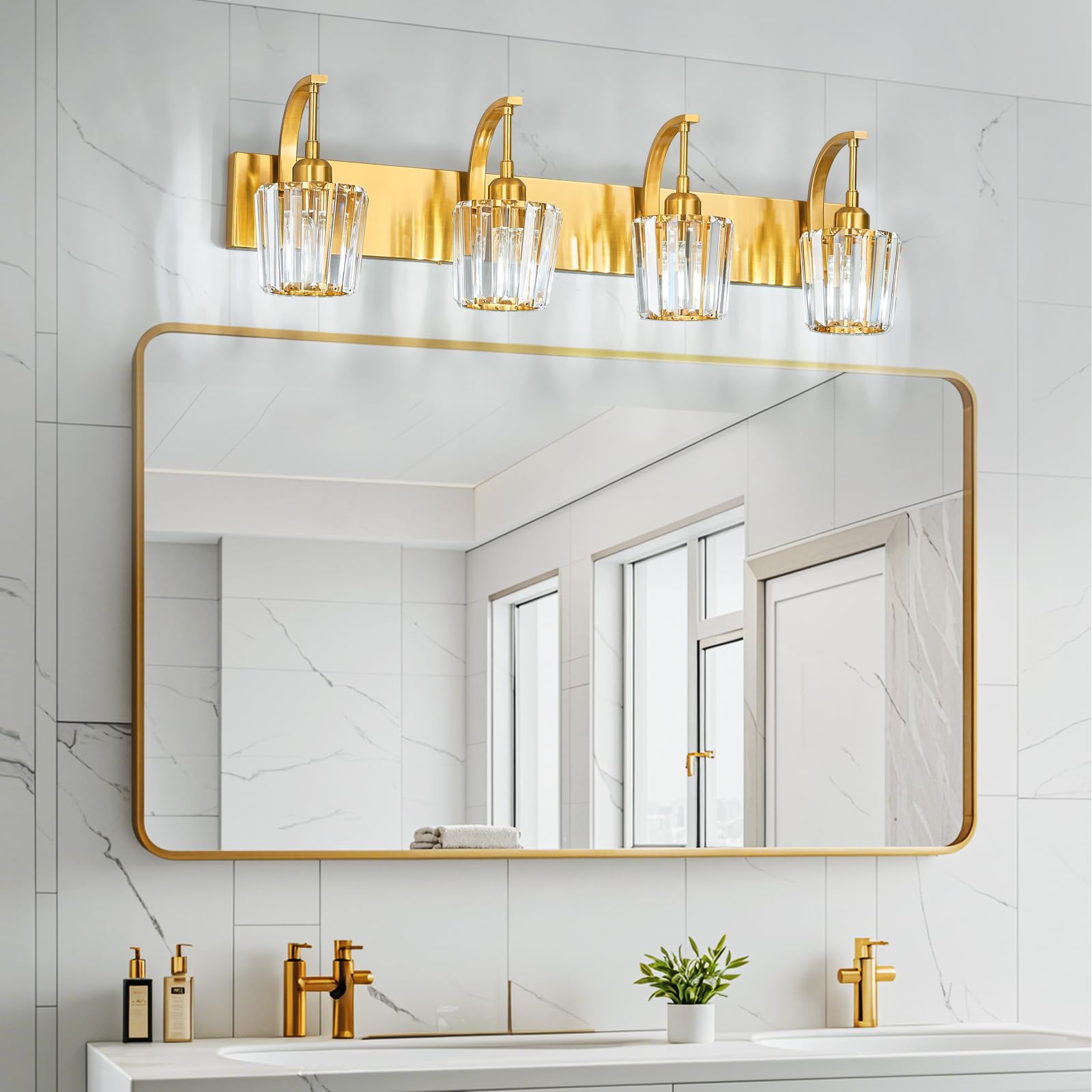 Fdpby Modern Bathroom Vanity Light  4-Light Gold Wall Sconce With Crystal Accents  Over Mirror Bathroom Lighting Fixture  32.67 Long Dimmable Vanity Lamp For Makeup  Easy Installation
