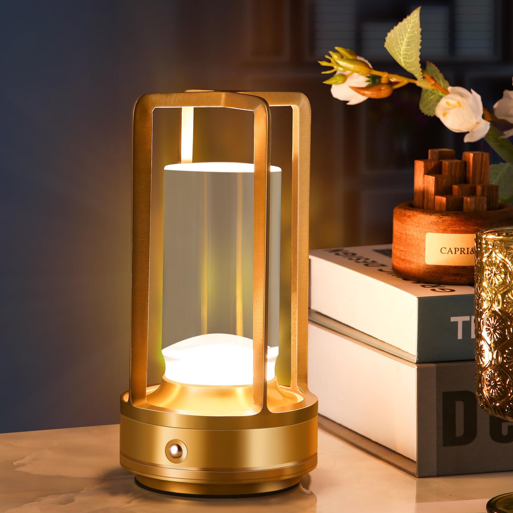 Portable Metal Table Lamp,Cordless Table Lamp, Rechargeable Battery Operated Lights, Led Table Lamps, 3 Color Stepless Dimming Touch, For Bedroom Restaurant Home Outdoor (Golden)
