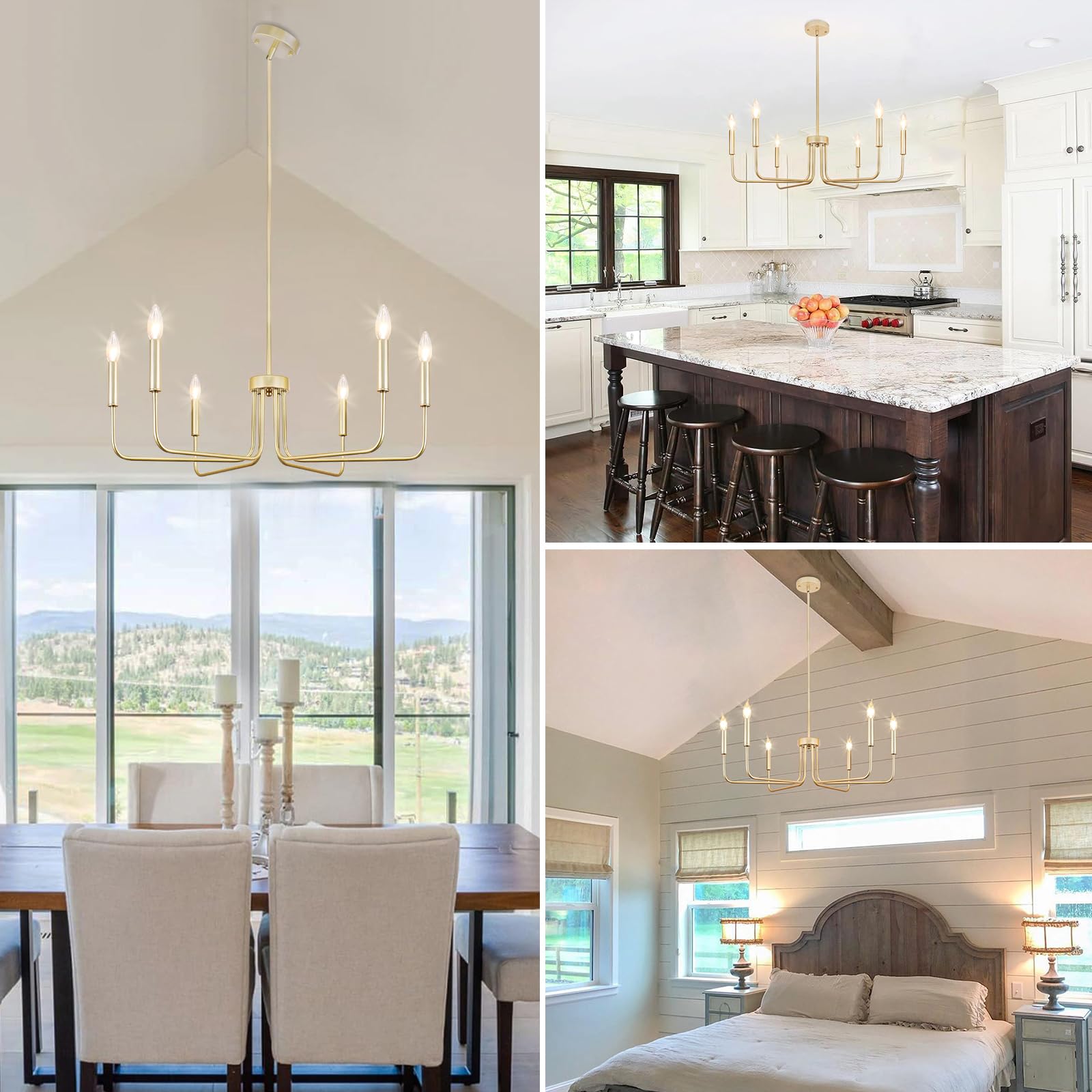 Rviezza Gold Chandelier, 6-Light Farmhouse Chandeliers For Dining Room, Rustic Candle Chandelier Light Fixture, Industrial Modern Chandeliers Lighting For Kitchen Living Room Foyer Entrance