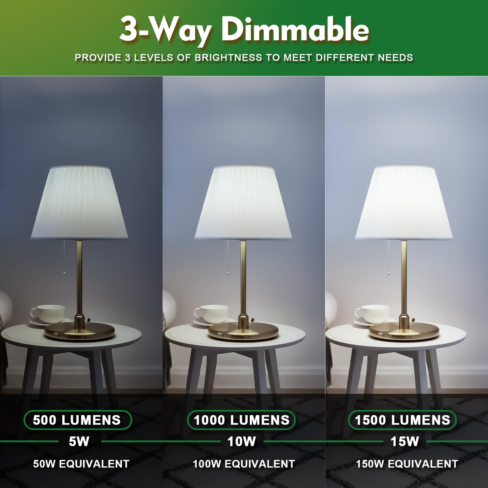 Zorykn 3 Way Light Bulbs 50 100 150 Warm White, A19 5000K, 5/10/15W Energy Saving 500 1000 1500 Lumens, E26 Base Led Bulbs Perfe