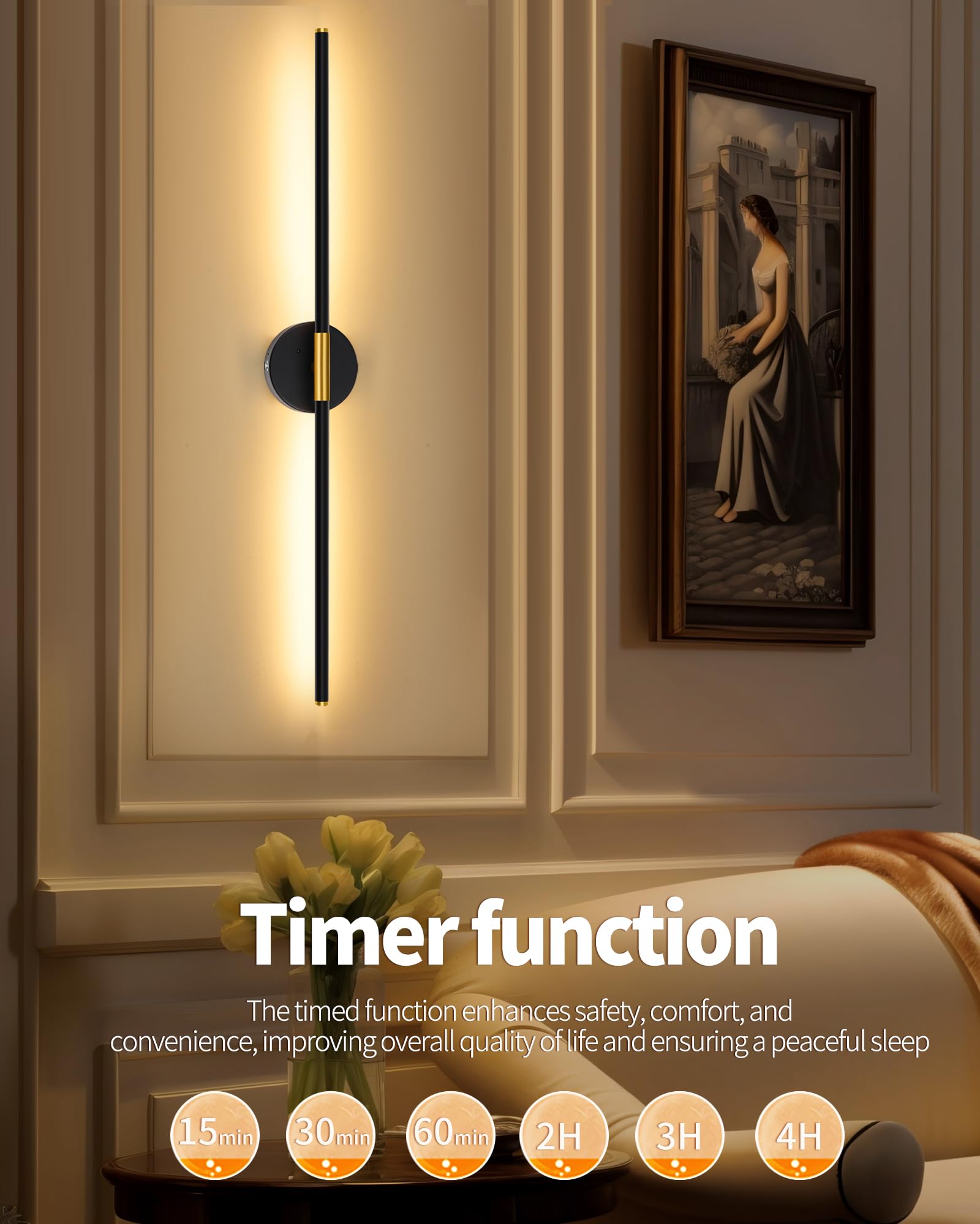 10000mAh Battery Operated Wall Sconce - 24 Inch, Wireless, Rechargeable, Dimmable, 3000K-6000K, Remote, Touch Control, Timer, 35