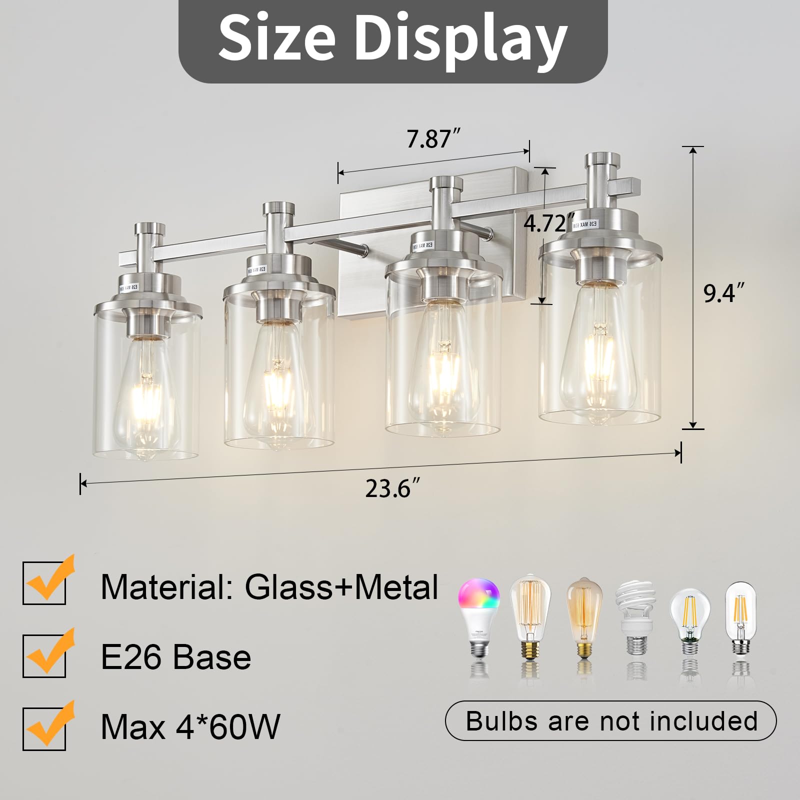 Aixialin Brushed Nickel Bathroom Lighting Fixtures Over Mirror, 4-Light Bathroom Vanity Light Fixtures, Wall Sconce Lighting Mod