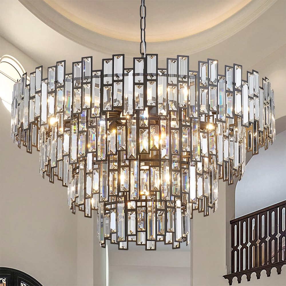 LIZZTREE Crystal Contemporary Chandelier Foyer Entryway Lighting  4-Tier Large Foyer Entrance Chandeliers for High Ceiling Big Crystal Chandelier (Dia 30 inch 15 Lights) Black