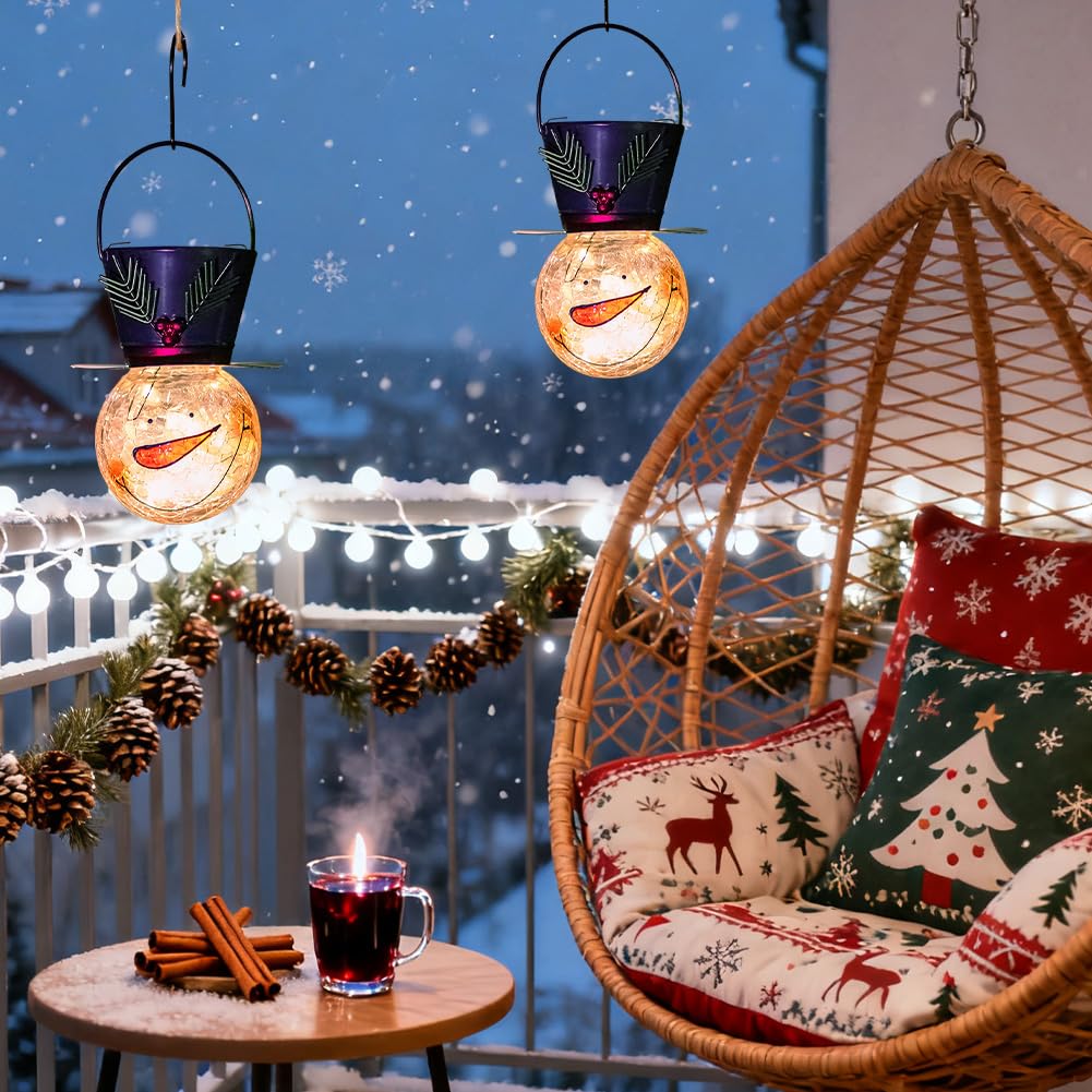 Starsoul Solar Lanterns 2 Pack - Waterproof Snowman Lights for Garden, Patio, Xmas Decor - Small Leaf Design