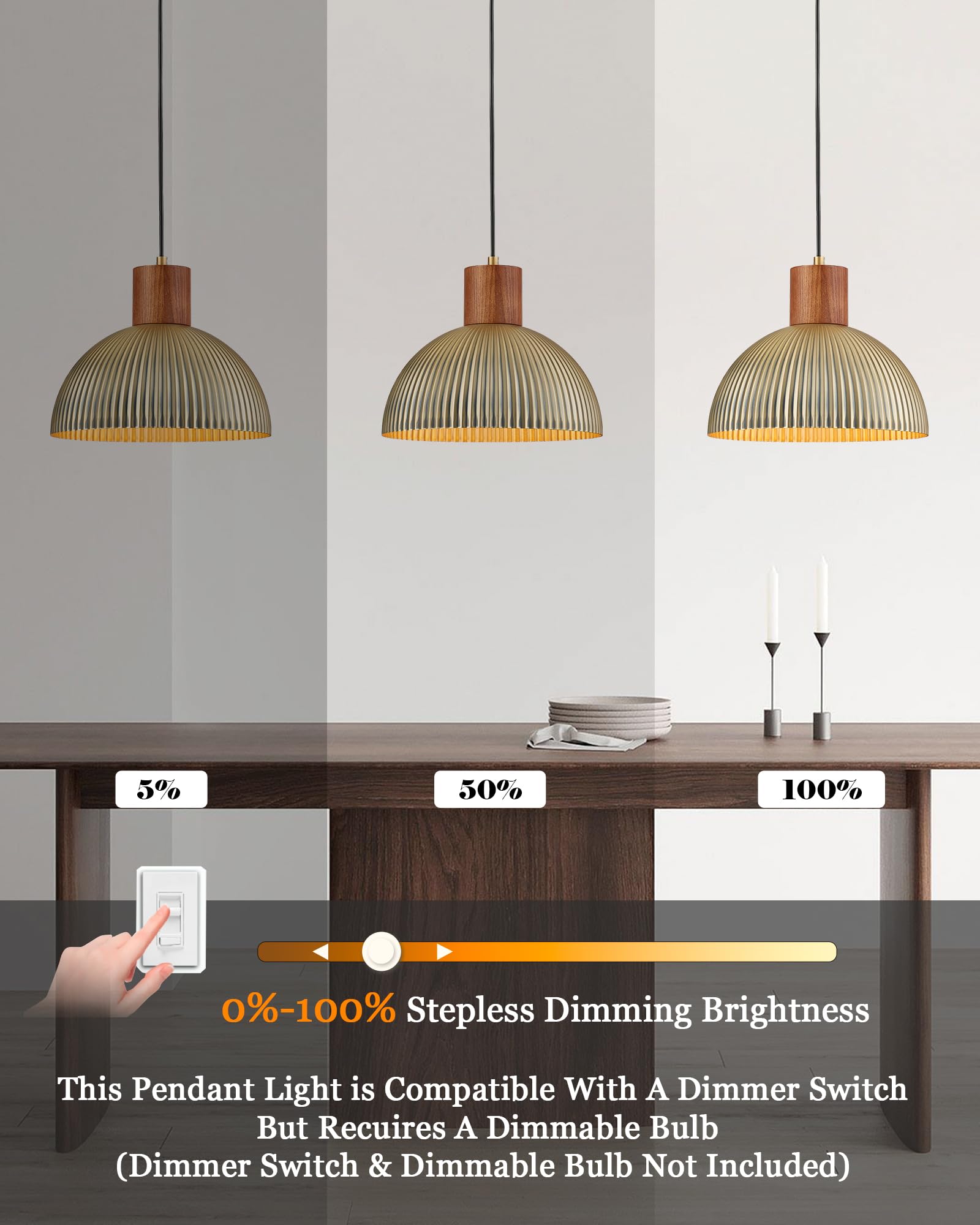 Elyona Vintage Ash Wood Dome Pendant Light 12'' Hanging Lamp With Brushed Brass Metal Shade & Gold Inner Finish, Modern Pendant