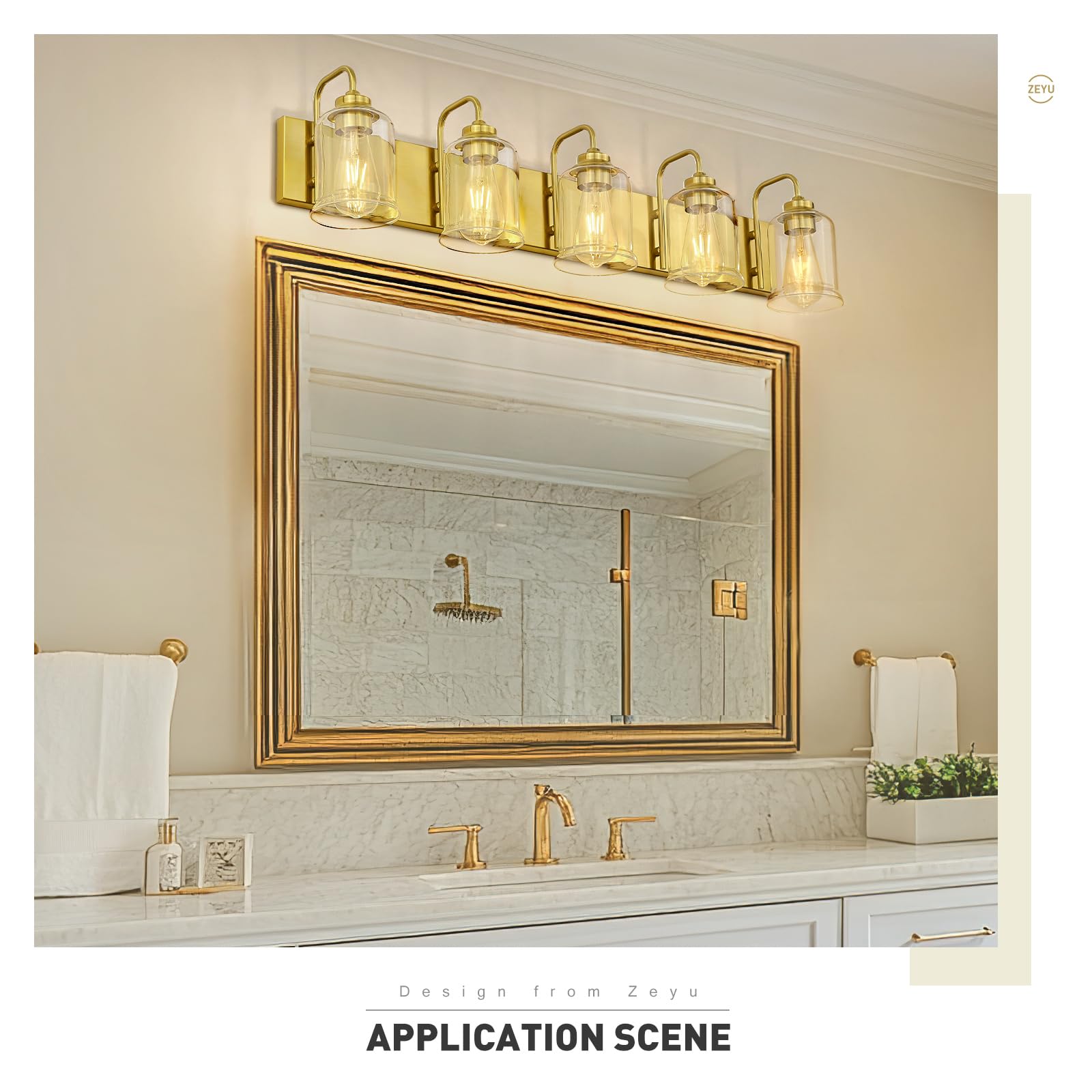 Zeyu 36 Inch Bathroom Lighting Fixtures Over Mirror, Vintage Bathroom Light Fixtures, 5-Light Bathroom Light With Clear Glass Sh