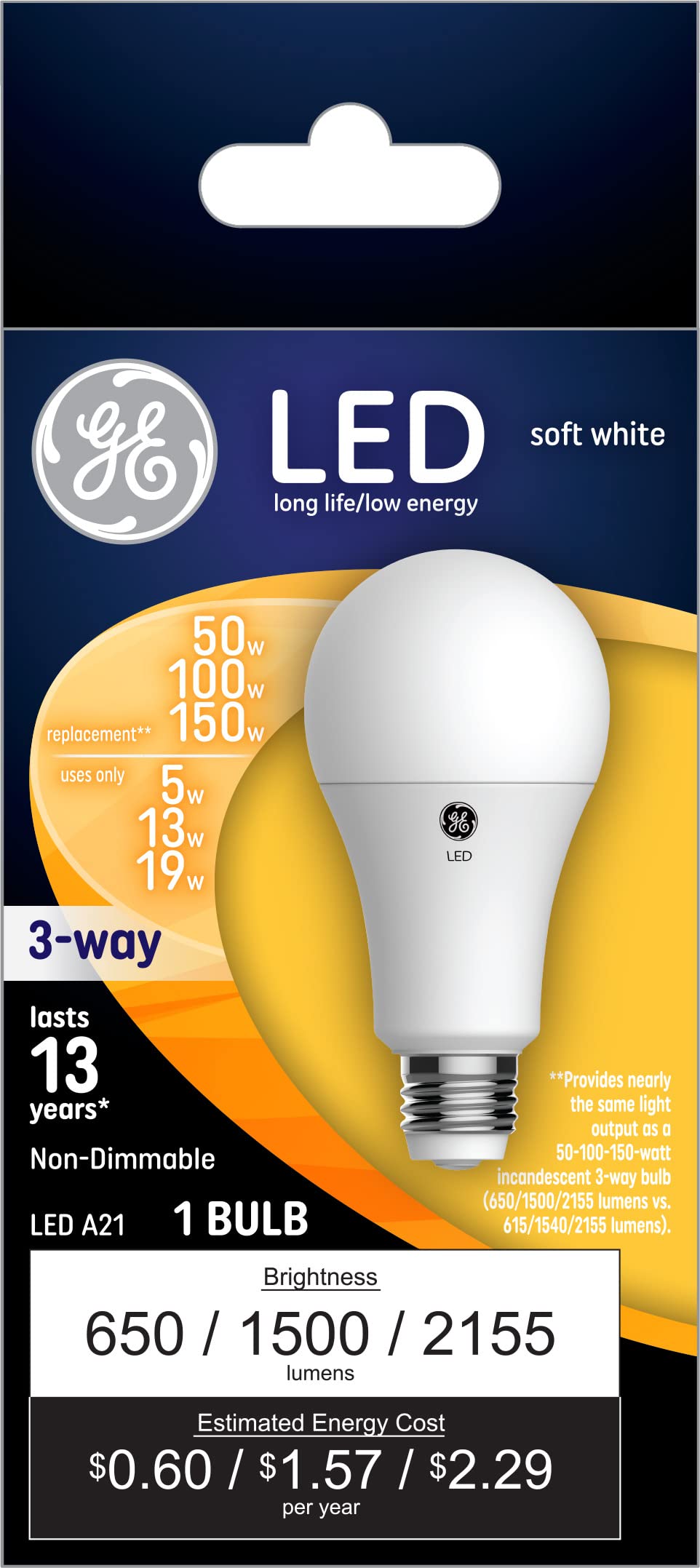 Ge 3-Way Led Light Bulb, 5/10/19 Watt (50/100/150 Watt Eqv) Soft White, A19 General Purpose Light Bulb