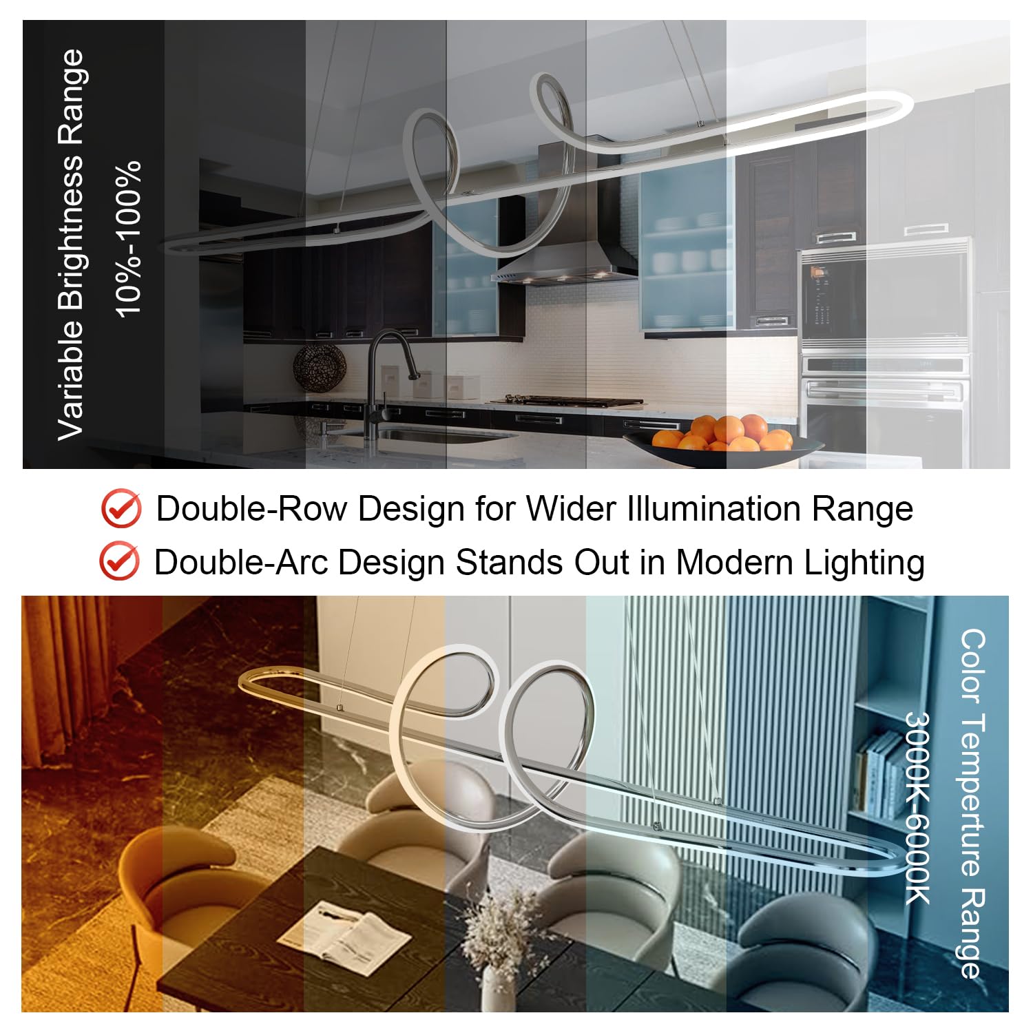 EMBRING Modern Dimmable LED Chandelier, Electroplated Chrome, Aluminum, 39.4in - Model SW005-SPGD-wt-110 for Dining Room and Kitchen Island.