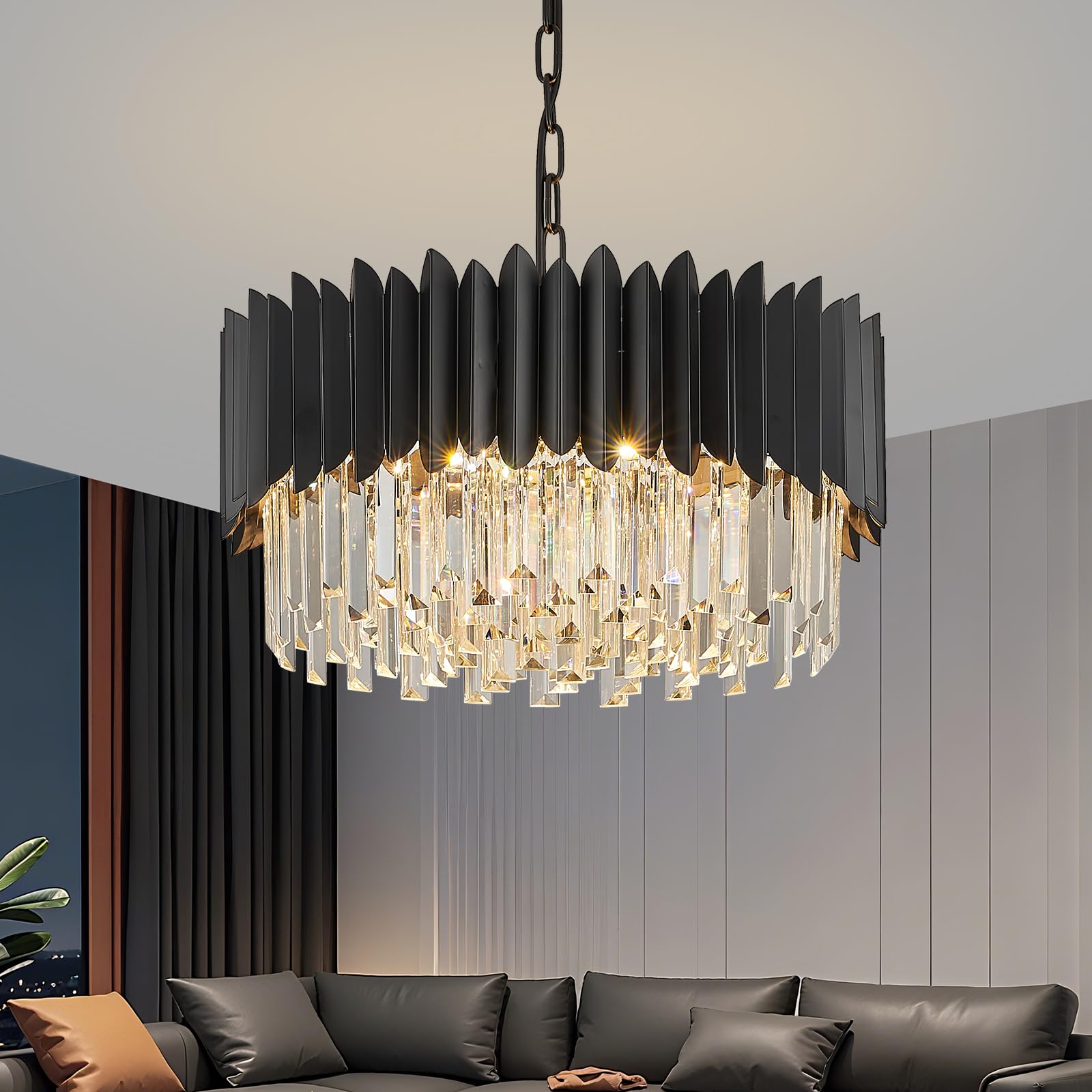 YOLIZUOT Black Crystal Chandelier 20 K9 Crystal Round Pendant Lights Adjustable 4-Tier Large Modern Crystal Chandelier 6-Lights for Dining Room Living Room Kitchen Foyer Entryway