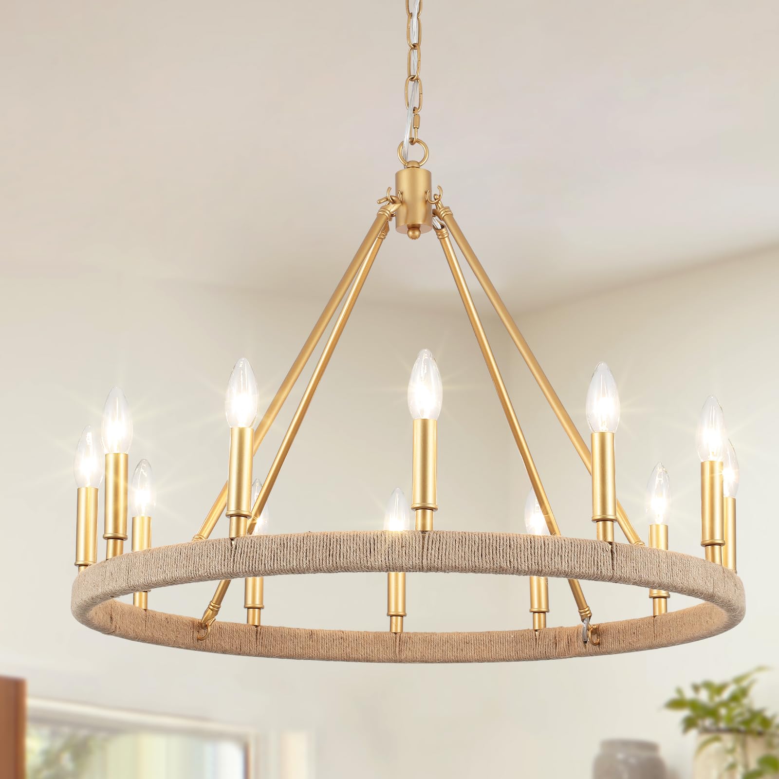 ASHUAQI 26 Gold Wagon Wheel Chandelier  12-Light Gold Farmhouse Chandelier for Dining Room  Vintage Pendant Light Fixture for High Ceiling Living Room Foyer Entryway