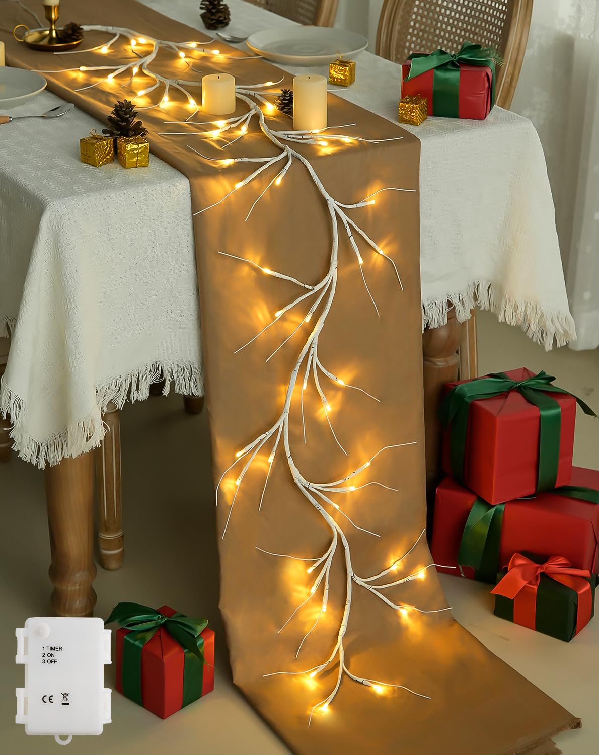 JMEXSUSS 6FT Birch Garland Lighted, 48 LED Lighted Birch Garland Battery Operated, Christmas Garland Warm White Twig Lights for 