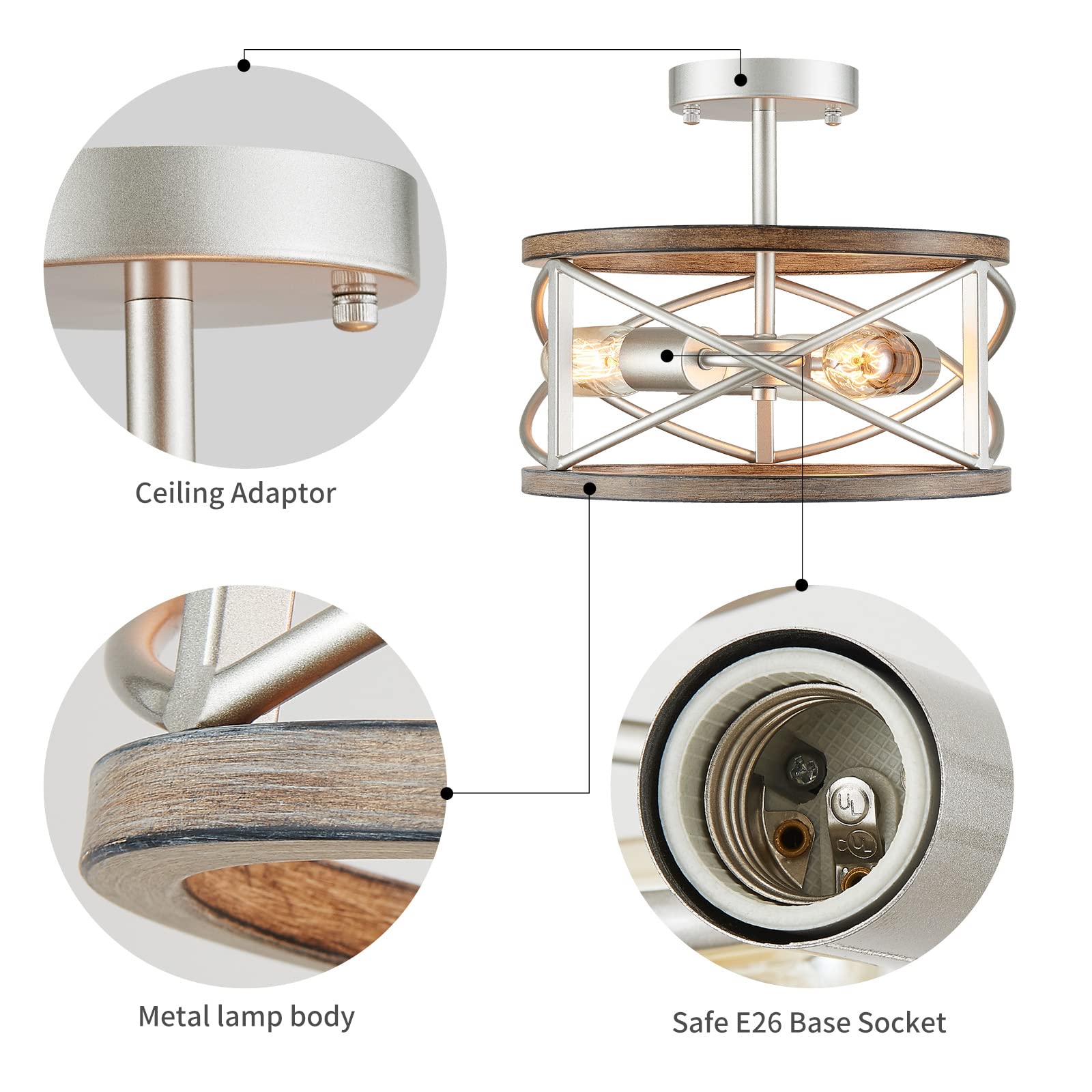 WUZUPS 3-Light Vintage Farmhouse Chandelier, Imitation Wood Grain, Nickel Finish, Semi-Flush Mount, H 9.4" W 12", Model USHD90025