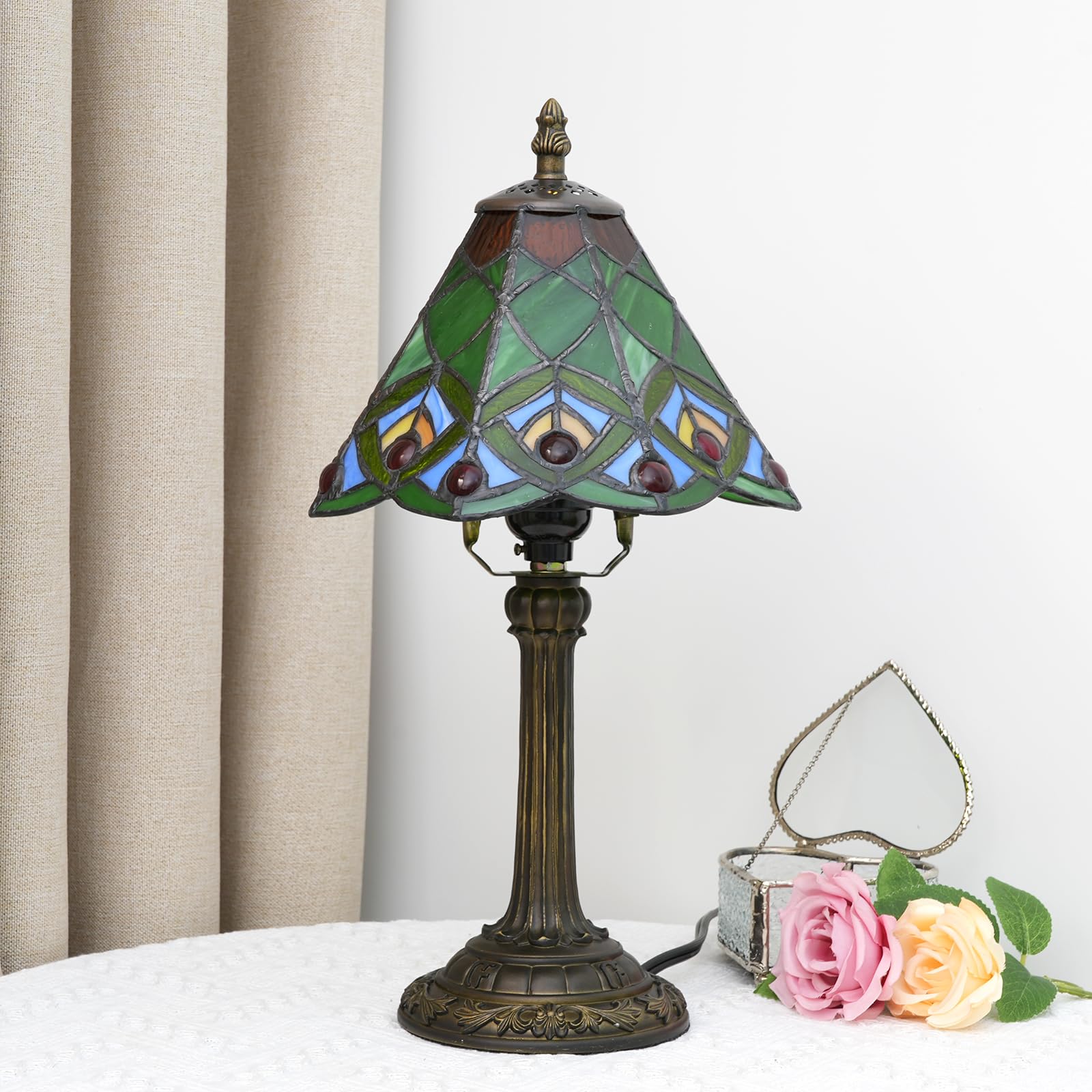 Green Small Tiffany Lamp Stained Glass Table Lamp Peacock Tail Bedroom Bedside Light For Living Room Dormitory Bar Retro Style U