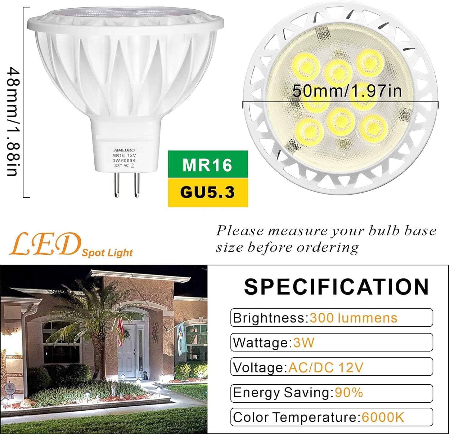 Aimeoko Mr16 Led Bulb Light Bulbs 6 Pack, 3W (35W Halogen Equivalent) 6000K Daylight Cool White Gu5.3 Base 12V Spotlight 38 Deg